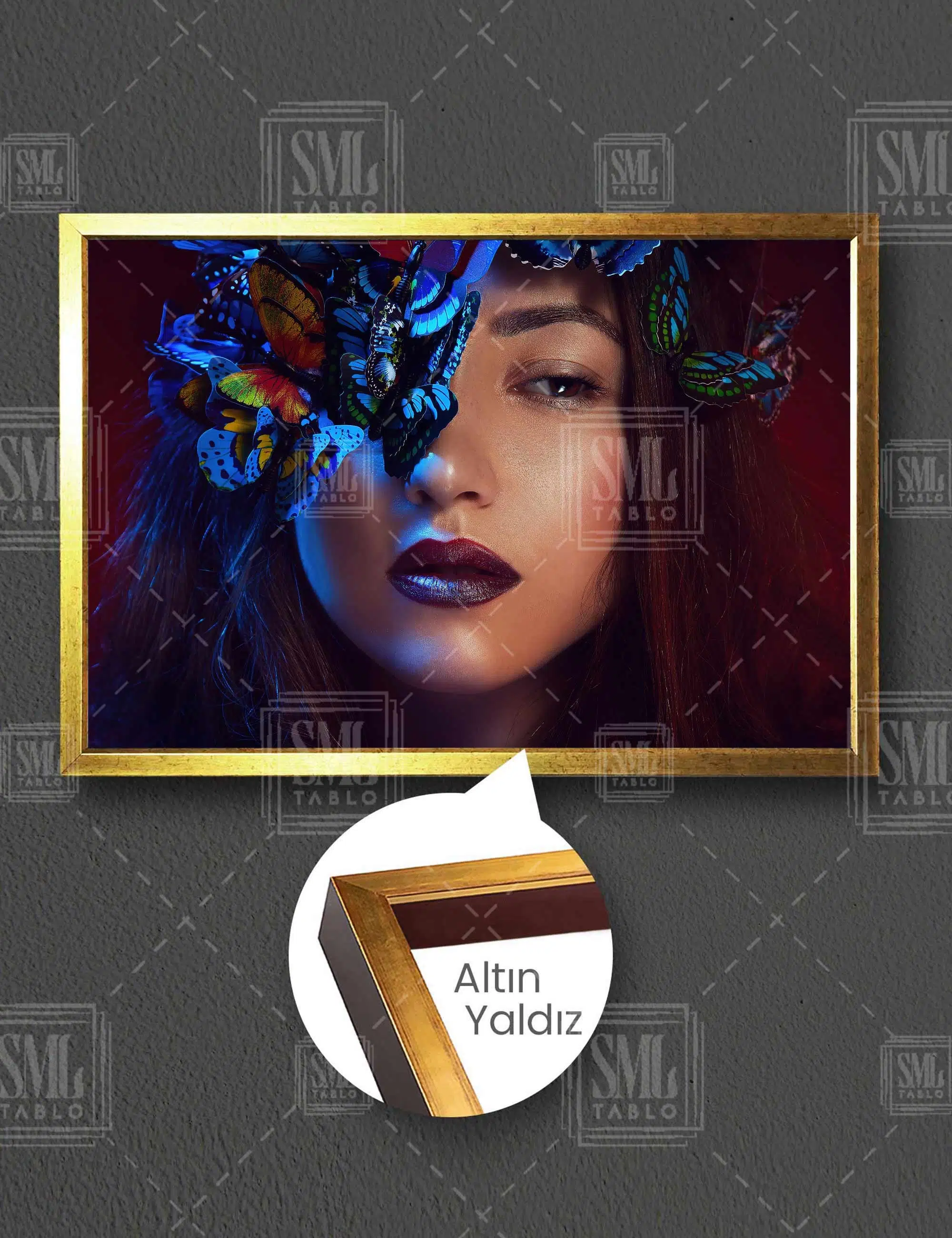 Saçında Renkli Kelebekler Olan Makyajlı Kadın Make Up Güzellik Salonu Yatay Çerçeveli Kanvas Tablo
