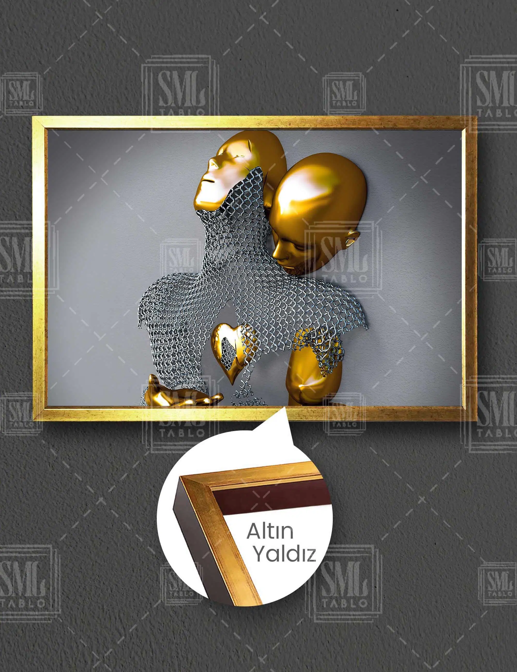 Sarılan Gold İle Metal Ve Zincirden Oluşan Çift Metalik Gri Romantik Yatay Çerçeveli Kanvas Tablo