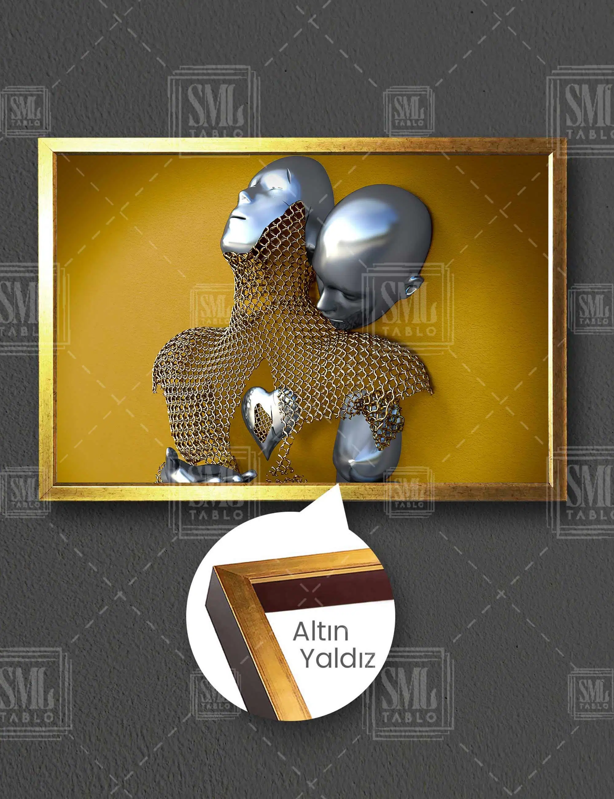 Sarılan Gümüş İle Metal Ve Zincirden Oluşan Çift Metalik Gold Romantik Yatay Çerçeveli Kanvas Tablo