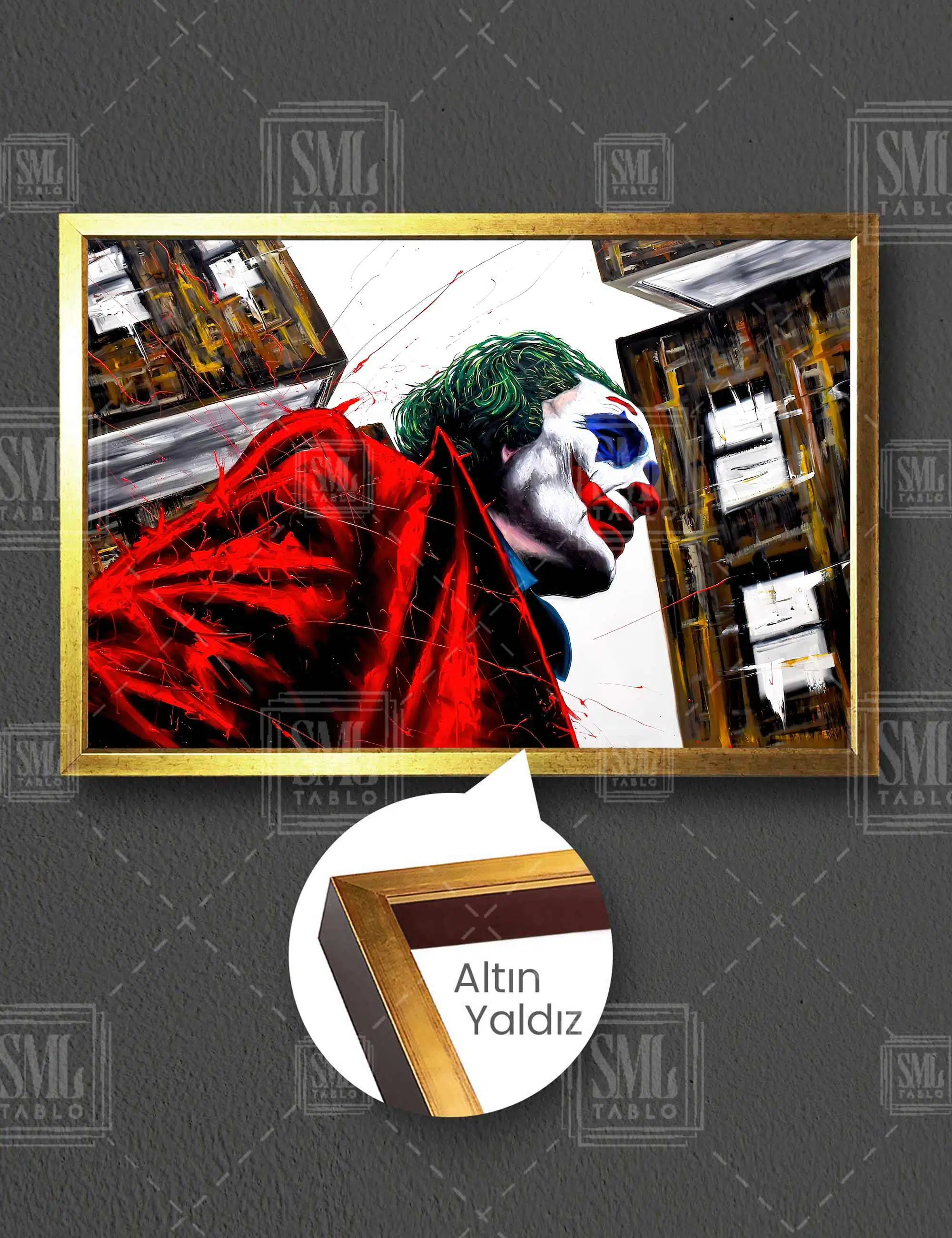 Şehirde Dolaşan Kırmızı Ceketli Joker Boya Sıçramaları Gotham City Yatay Çerçeveli Kanvas Tablo