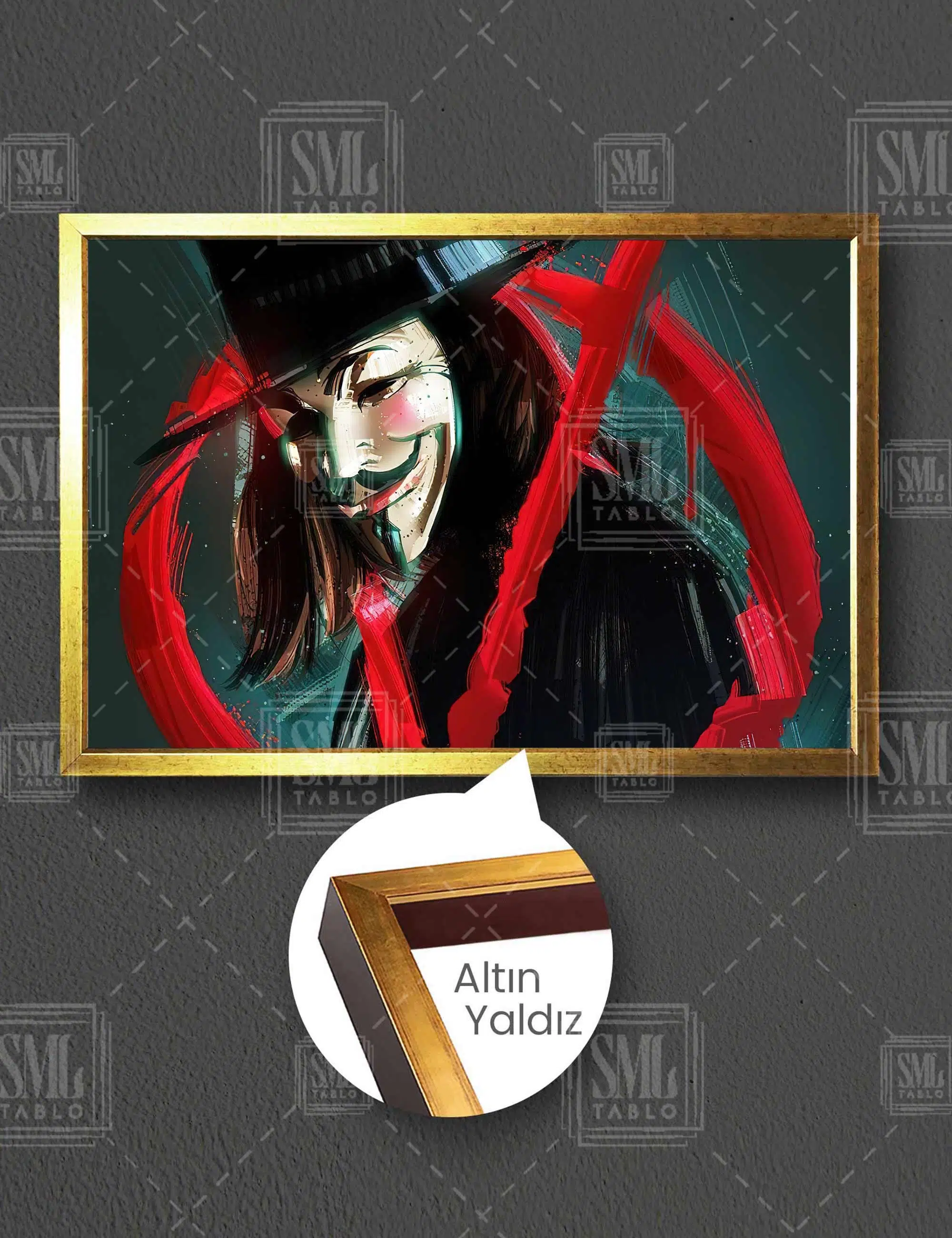 V For Vendetta İlüstrasyonu Maske Fikirler Kurşun İşlemez Yatay Çerçeveli Kanvas Tablo
