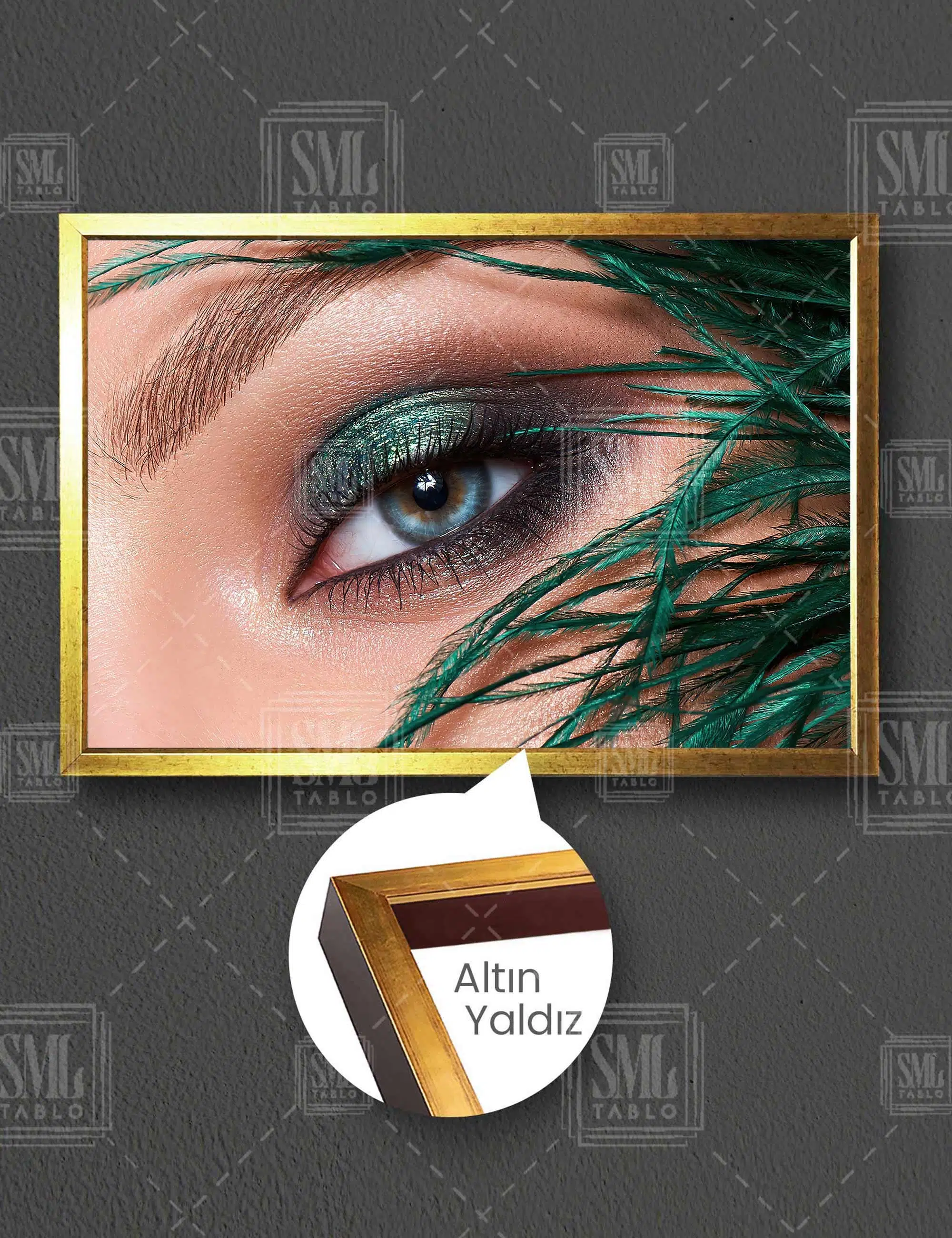Yeşil Göz Makyajı Make Up Koyu Yeşil Kuş Tüyleri Kuaför Yatay Çerçeveli Kanvas Tablo