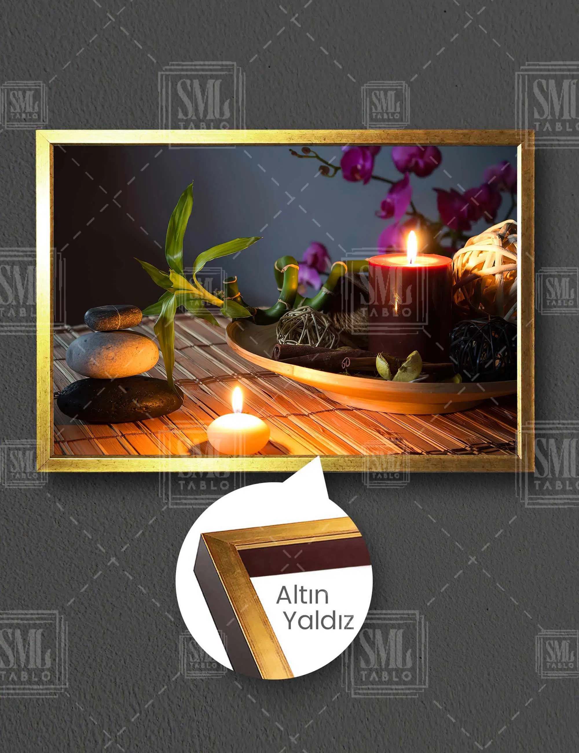 Zen Taşları Bambu Yaprakları Pembe Orkide Mum Spa Masaj Merkezi Yatay Çerçeveli Kanvas Tablo
