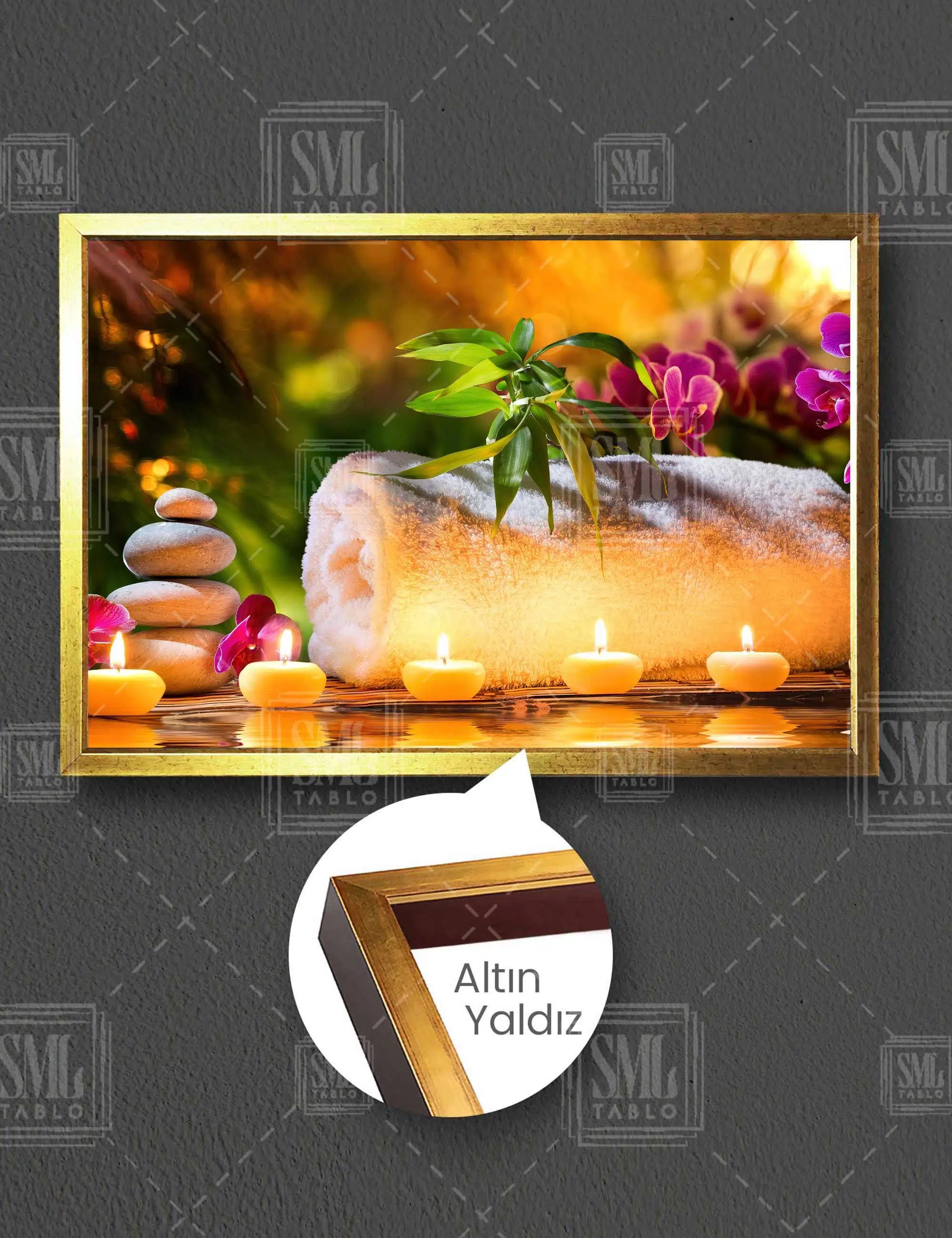 Zen Taşları Mumlar Bambu Yaprakları Pembe Orkide Havlu Spa Masaj Salonu Yatay Çerçeveli Kanvas Tablo