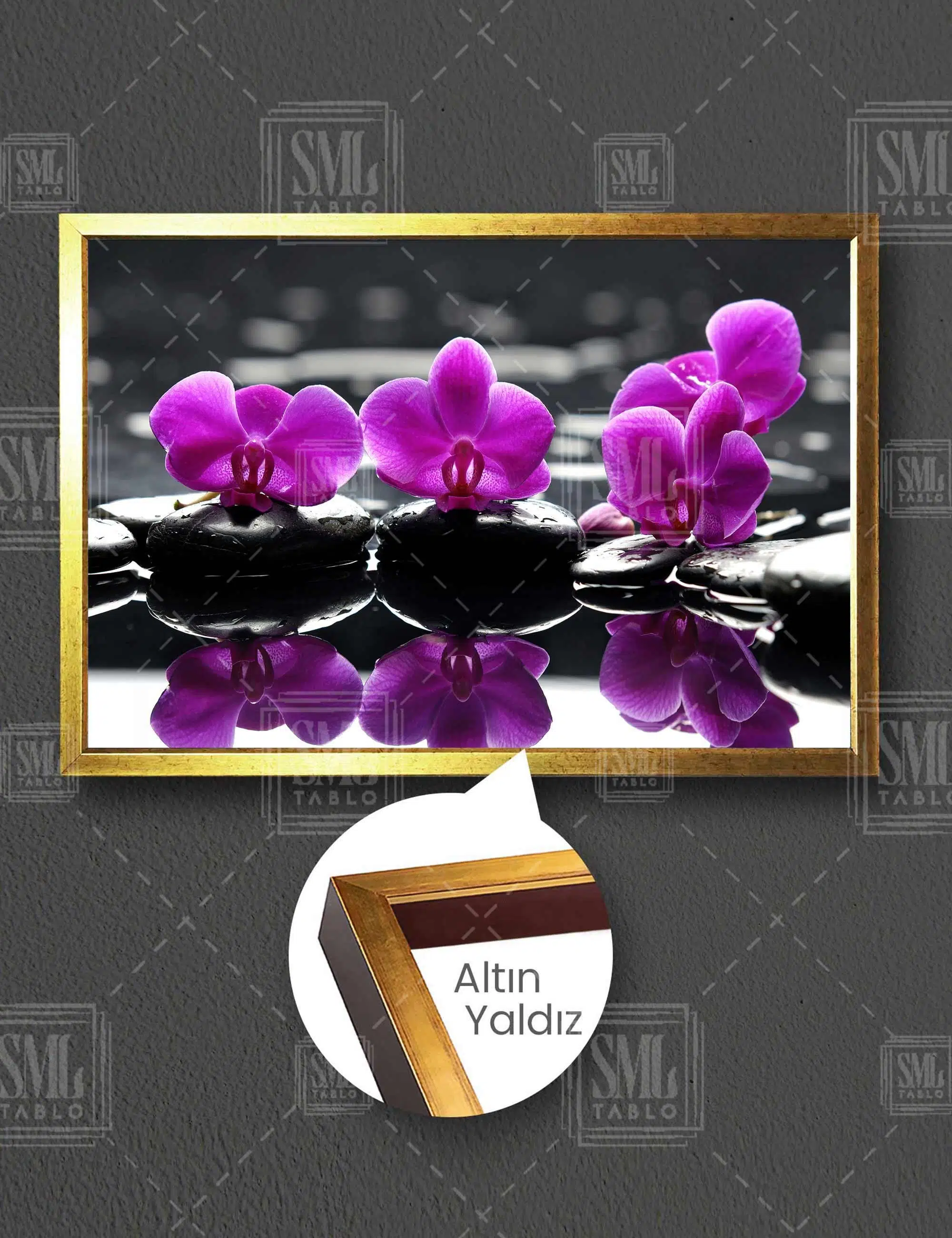 Zen Taşları Pembe Orkide Denge Spa Masaj Merkezi Yatay Çerçeveli Kanvas Tablo