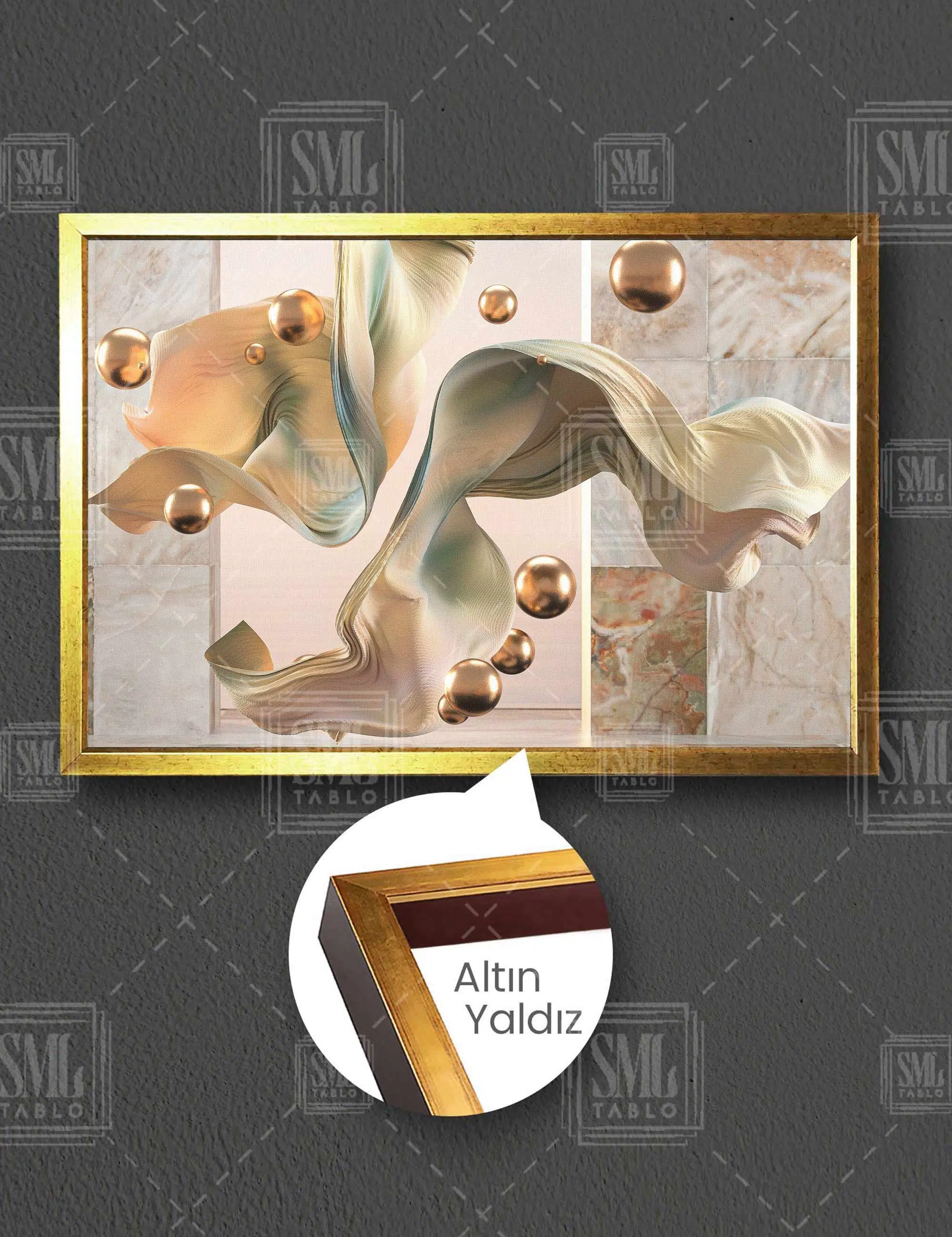 Gold Küreler Uçuşan İpek Kumaş Dekoratif Modern Yatay Çerçeveli Kanvas Tablo
