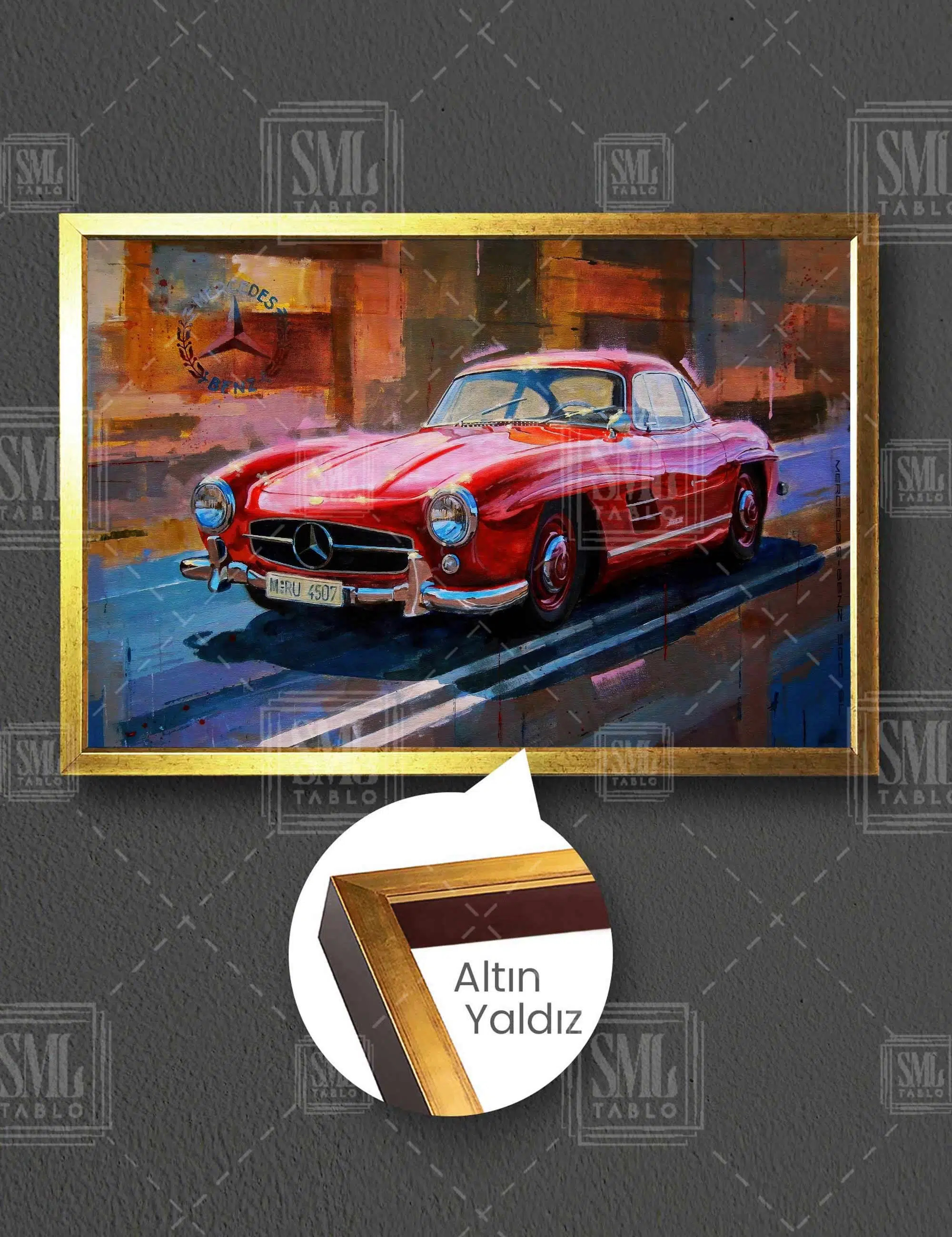 Kırmızı Klasik Araba Yağlı Boya Efekti Mercedes Benz 300 Sl Yatay Çerçeveli Kanvas Tablo