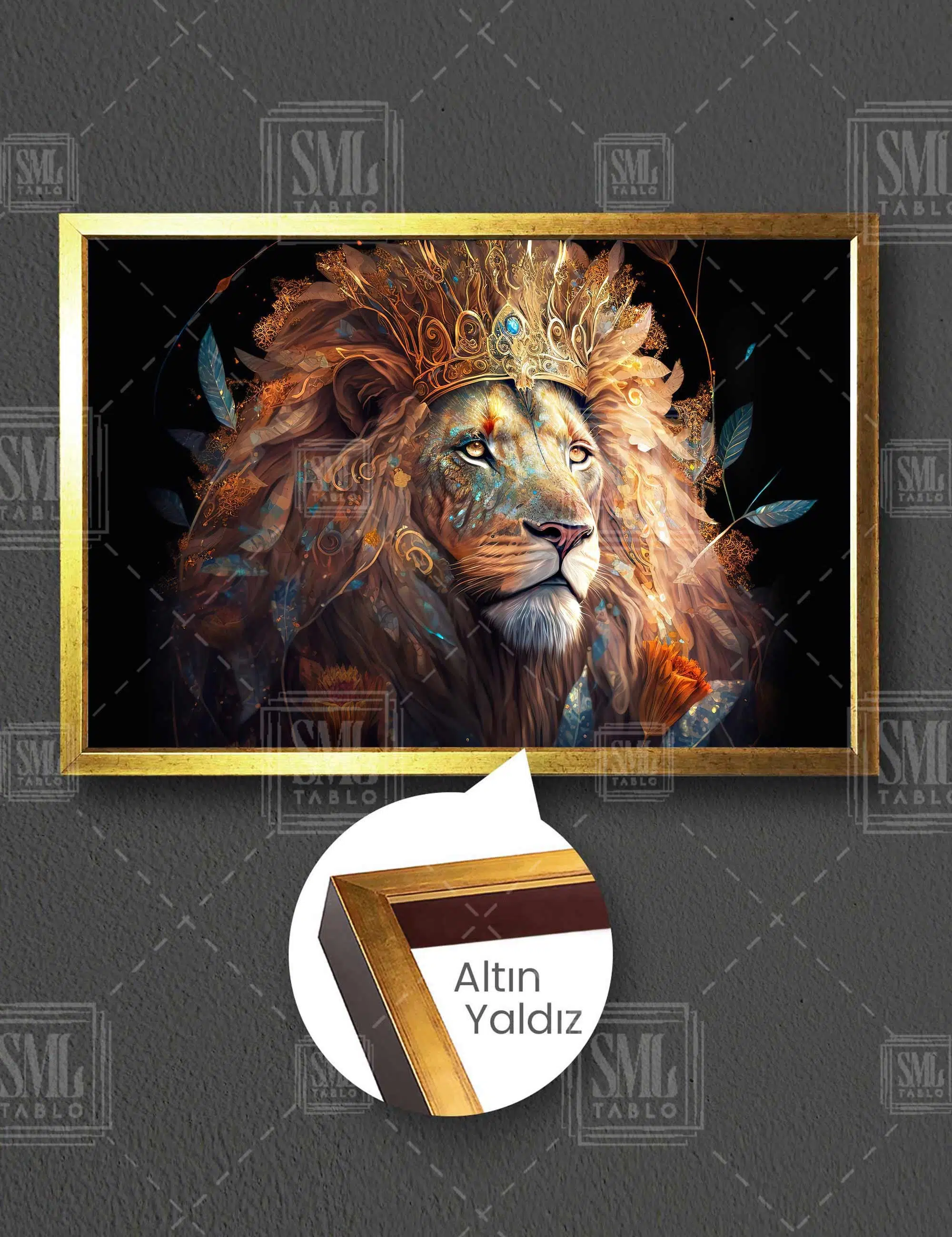 Asil Aslan Ormanlar Kralı Gold Tac Yapraklar Ve Çiçekler Fantastik Yatay Çerçeveli Kanvas Tablo