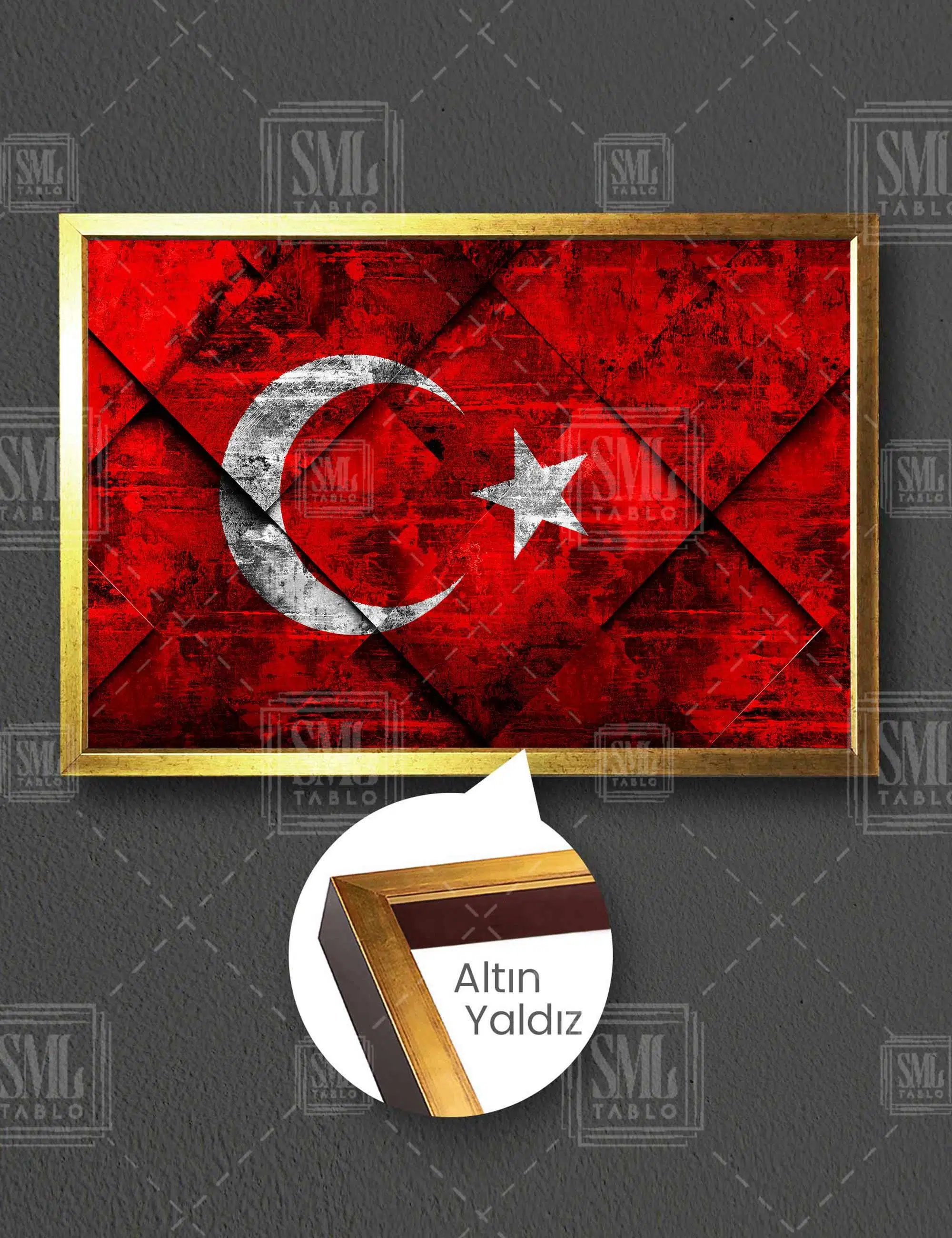 Kırmızı Beyaz Ay Yıldızlı Türk Bayrağı Yatay Çerçeveli Kanvas Tablo
