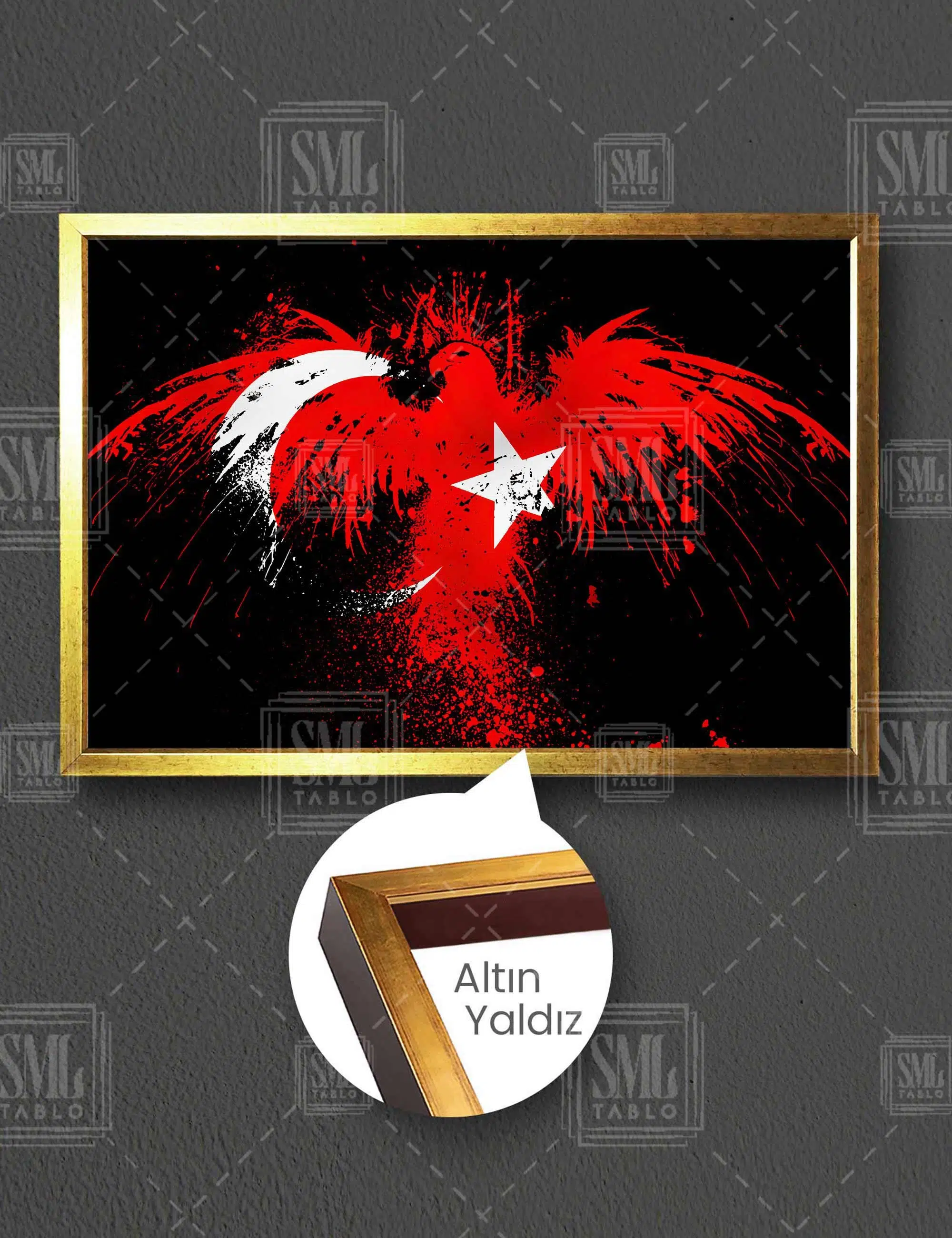 Anadolu Kartalı Türk Bayrağı Ve Asil Kartal Hayvan Yatay Çerçeveli Kanvas Tablo