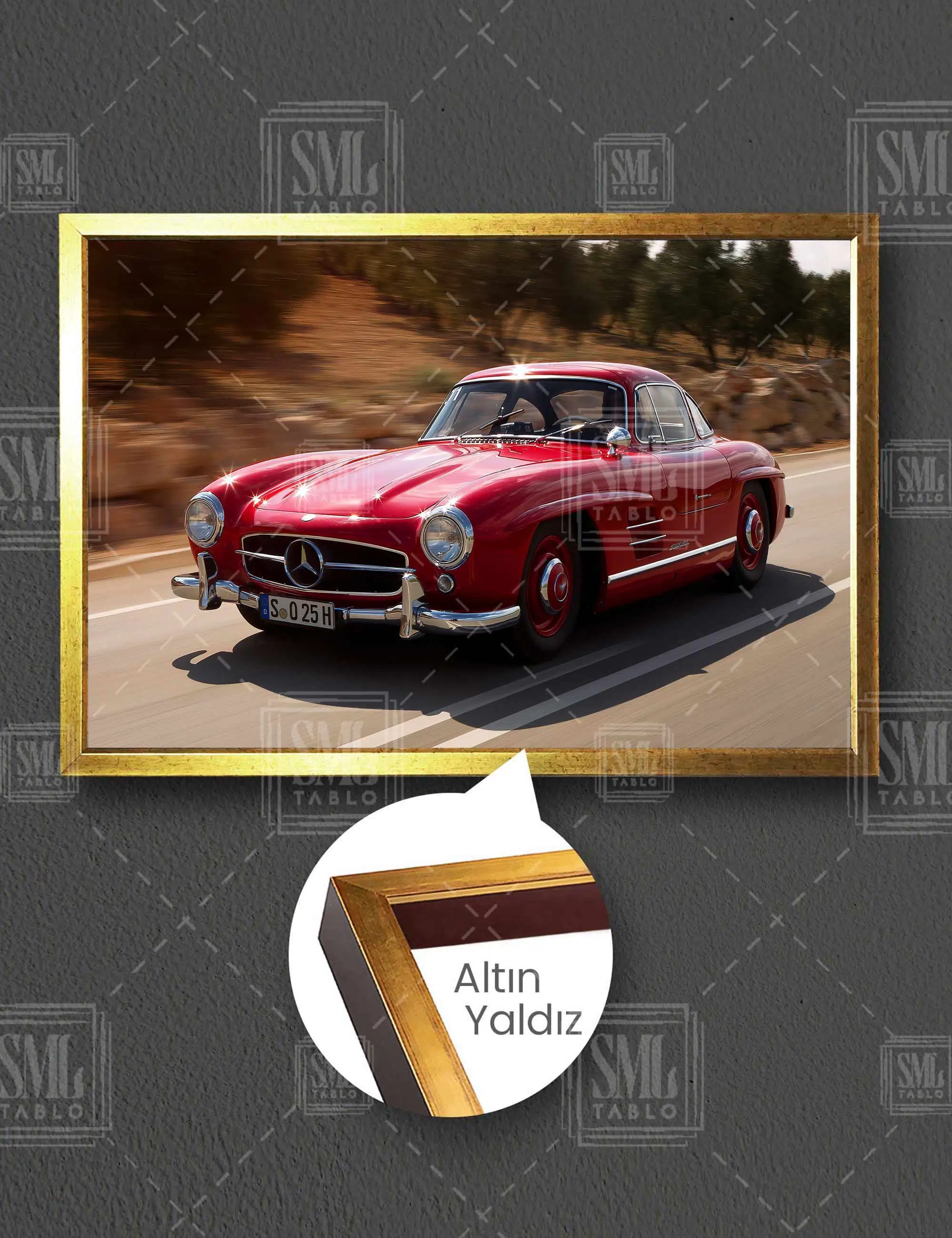 Nostaljik Kırmızı Araba Vintage Old Red Car Yatay Çerçeveli Kanvas Tablo