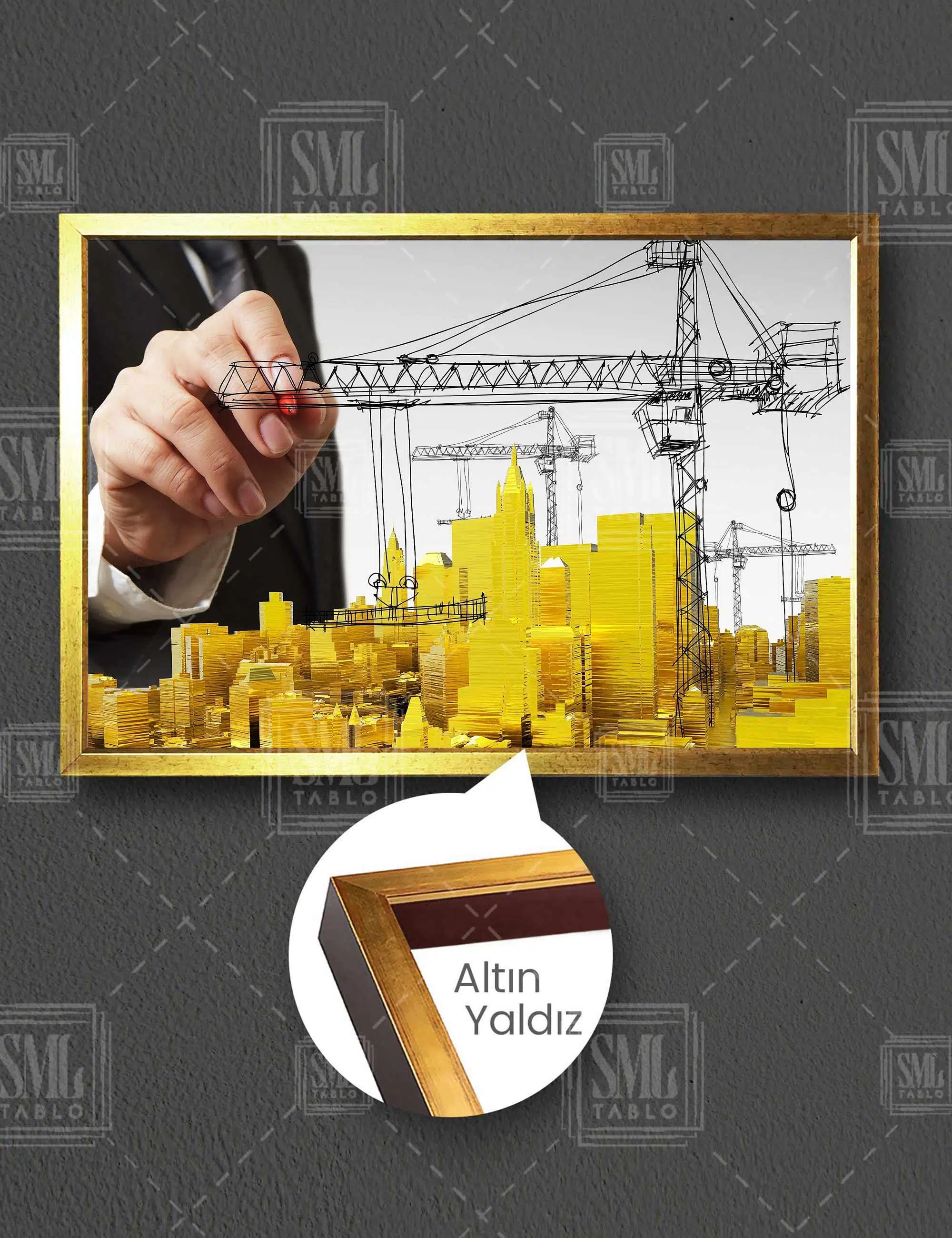 Gold Şehir Binalar Vinç İnşaat Mühendisliği City Yapı Denetim Yatay Çerçeveli Kanvas Tablo