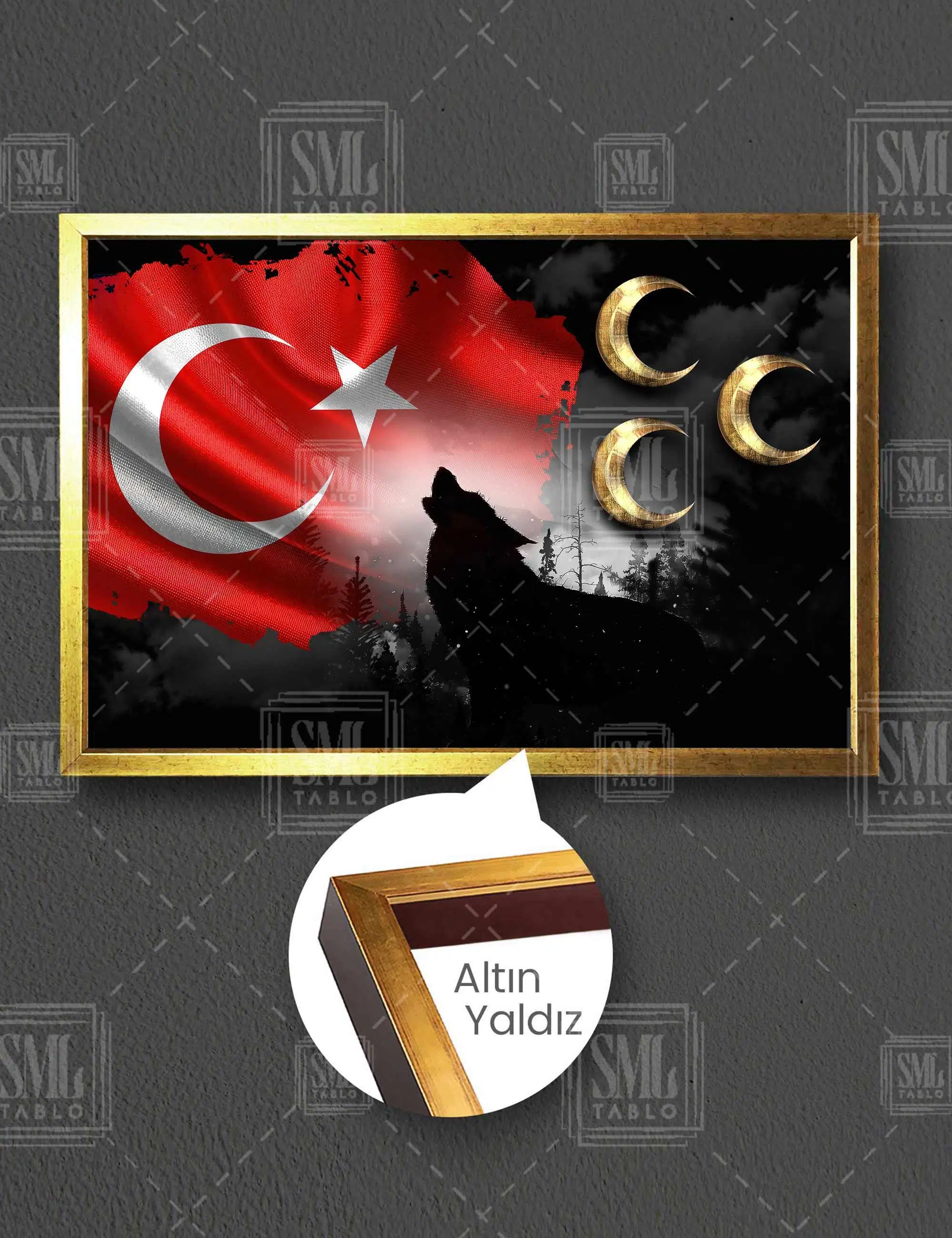 Kurt Asil Türk Bayrağı Gold Ay Yatay Çerçeveli Kanvas Tablo