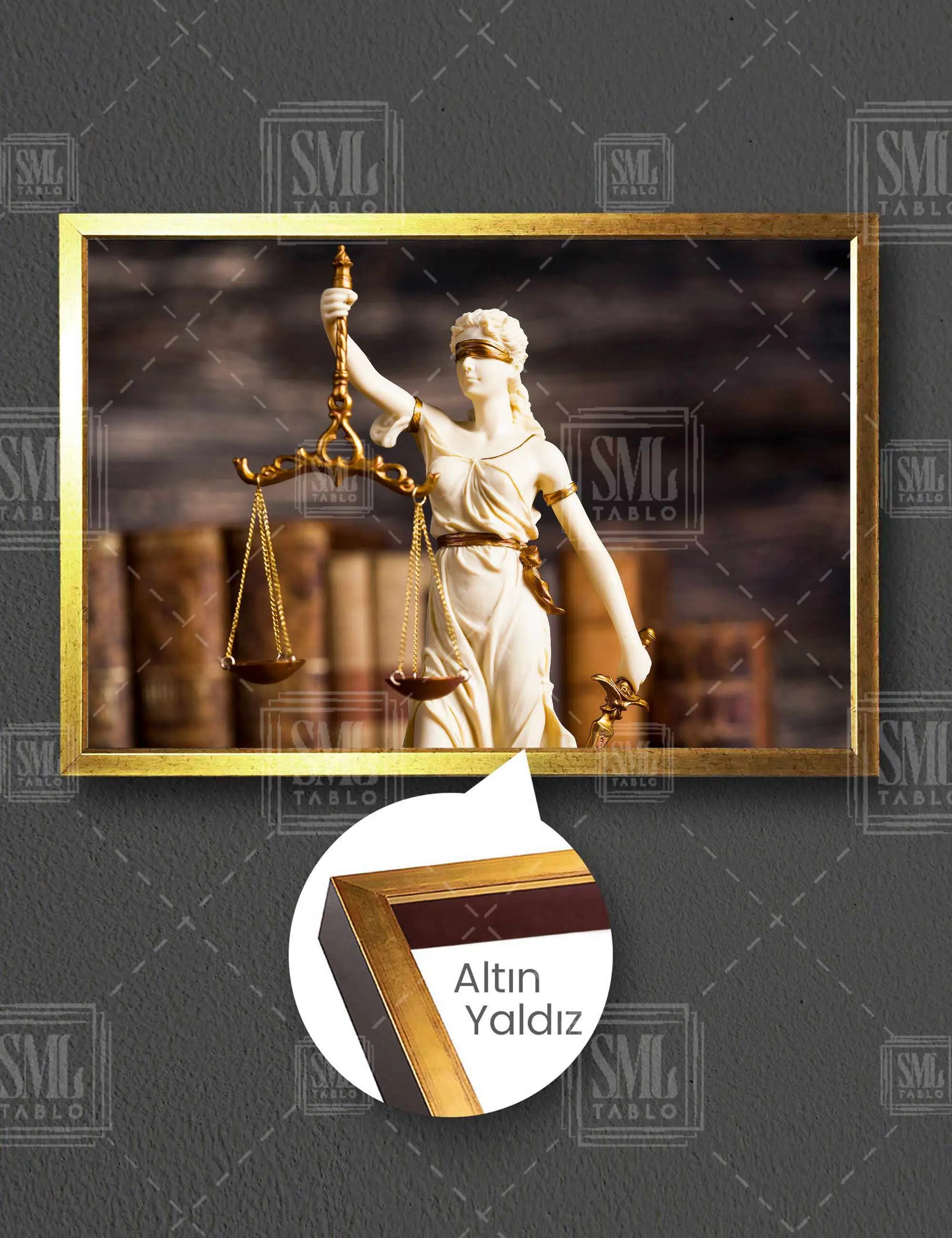 Themis Heykeli Gold Detaylı Hukuk Bürosu Dekor Yatay Çerçeveli Kanvas Tablo