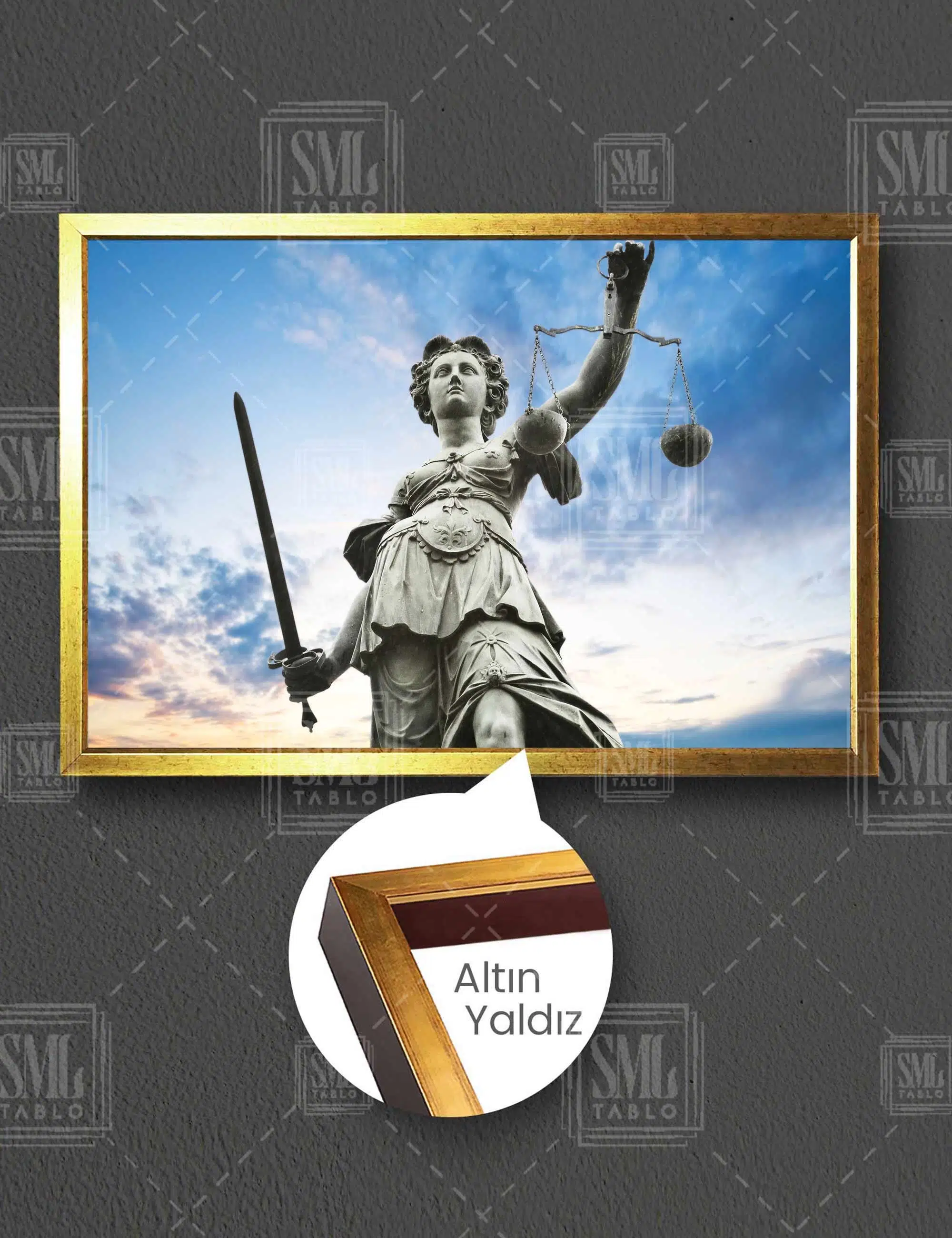 Gökyüzü Themis Heykeli Hukuk Bürosu Dekorasyon Yatay Çerçeveli Kanvas Tablo