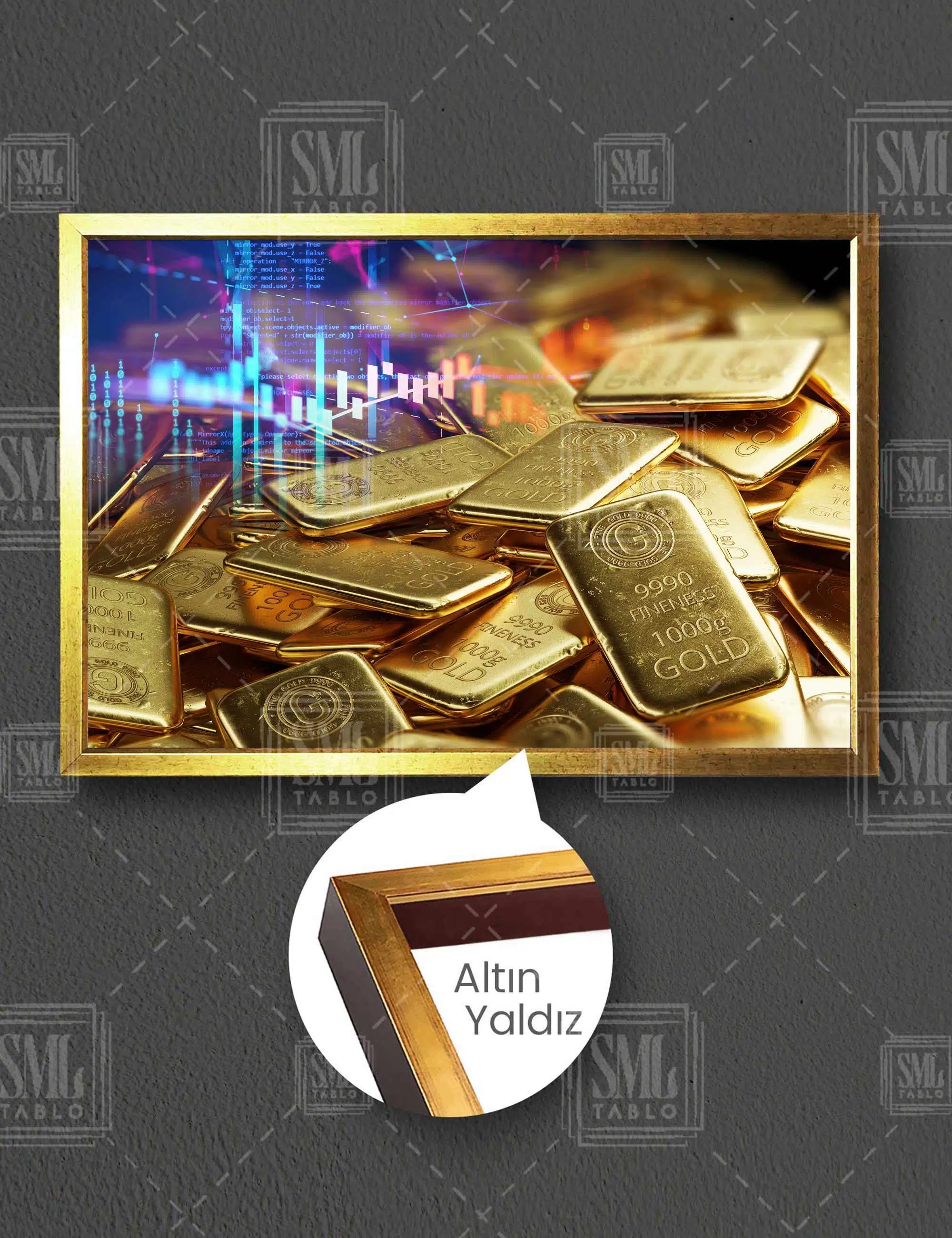 Altın Külçeleri Dijital Veriler Gold Dekor Yatay Çerçeveli Kanvas Tablo
