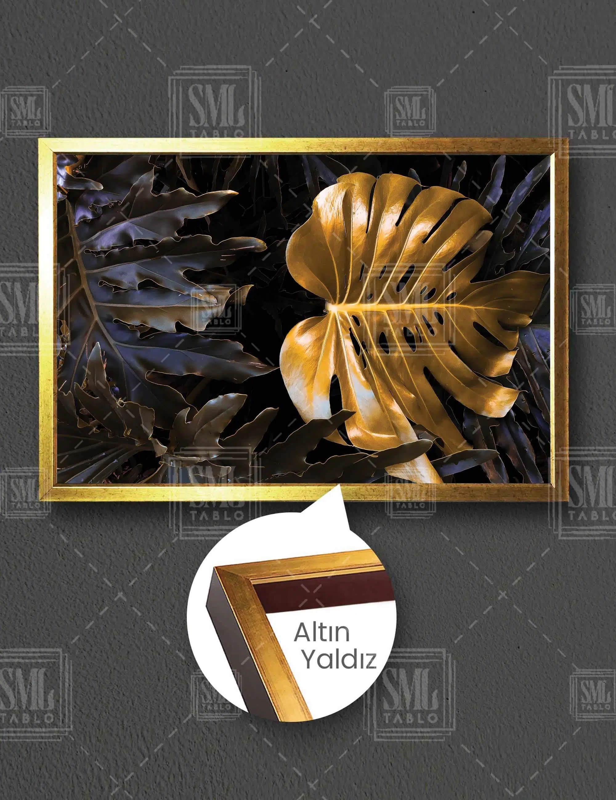 Gold Deve Tabanı Yaprağı Ve Altın Detaylı Yapraklar Yatay Çerçeveli Kanvas Tablo