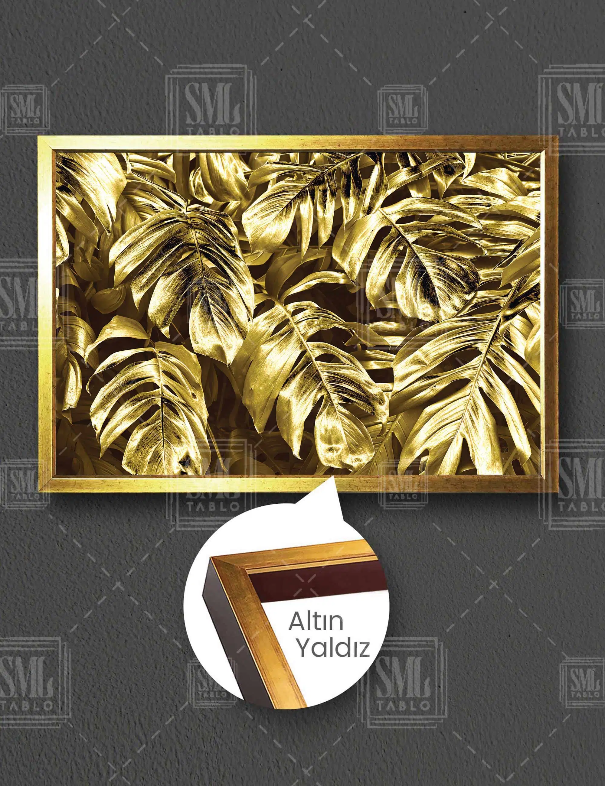 Altın Metalik Yapraklar Gold Leafs Dekor Yatay Çerçeveli Kanvas Tablo