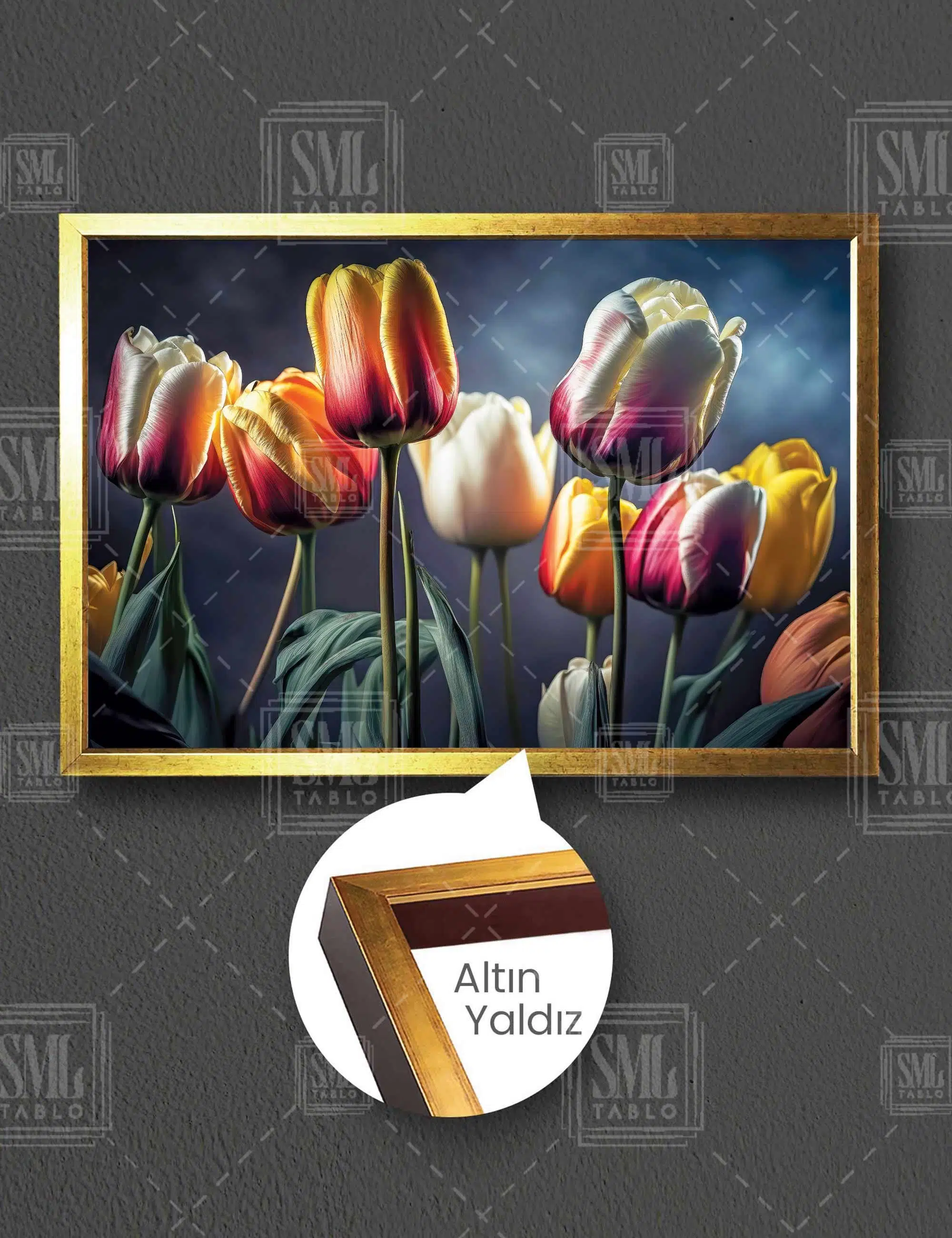 Beyaz Ve Turuncu Laleler Çiçek Bahçesi Flower Yatay Çerçeveli Kanvas Tablo