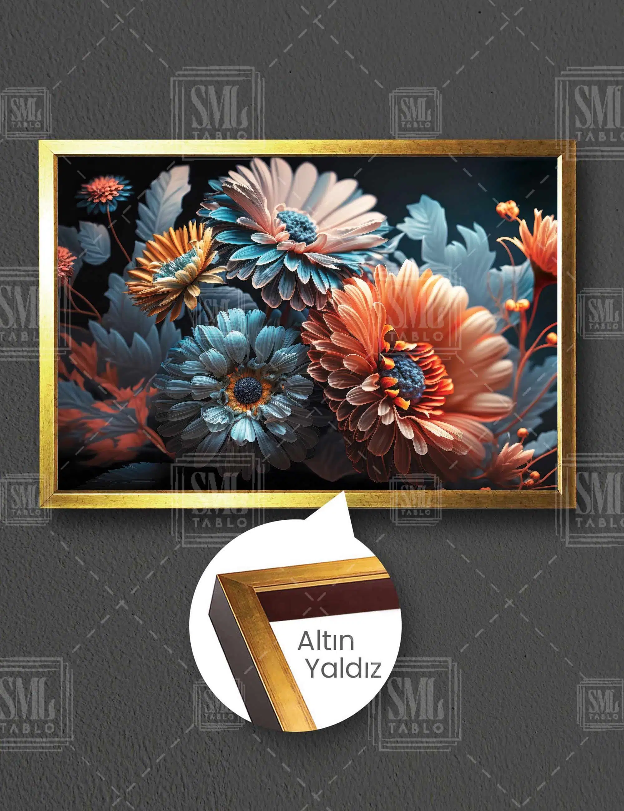Turuncu Pembe Ve Mavi Çiçek Bahçesi Dekor Yatay Çerçeveli Kanvas Tablo