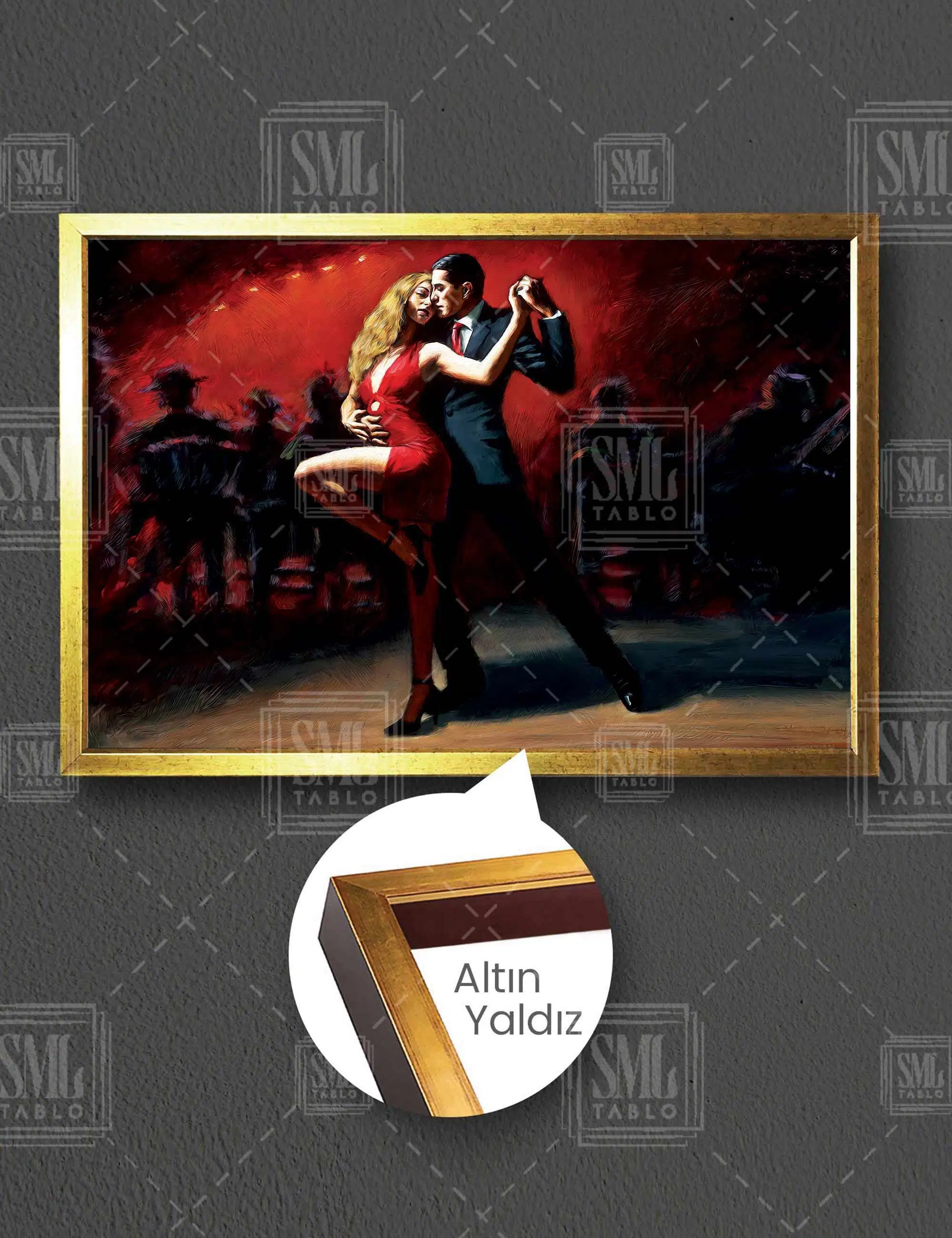 Tango Yapan Çift Dans Okulu Kırmızı Elbiseli Dansçı Aşk Yatay Çerçeveli Kanvas Tablo