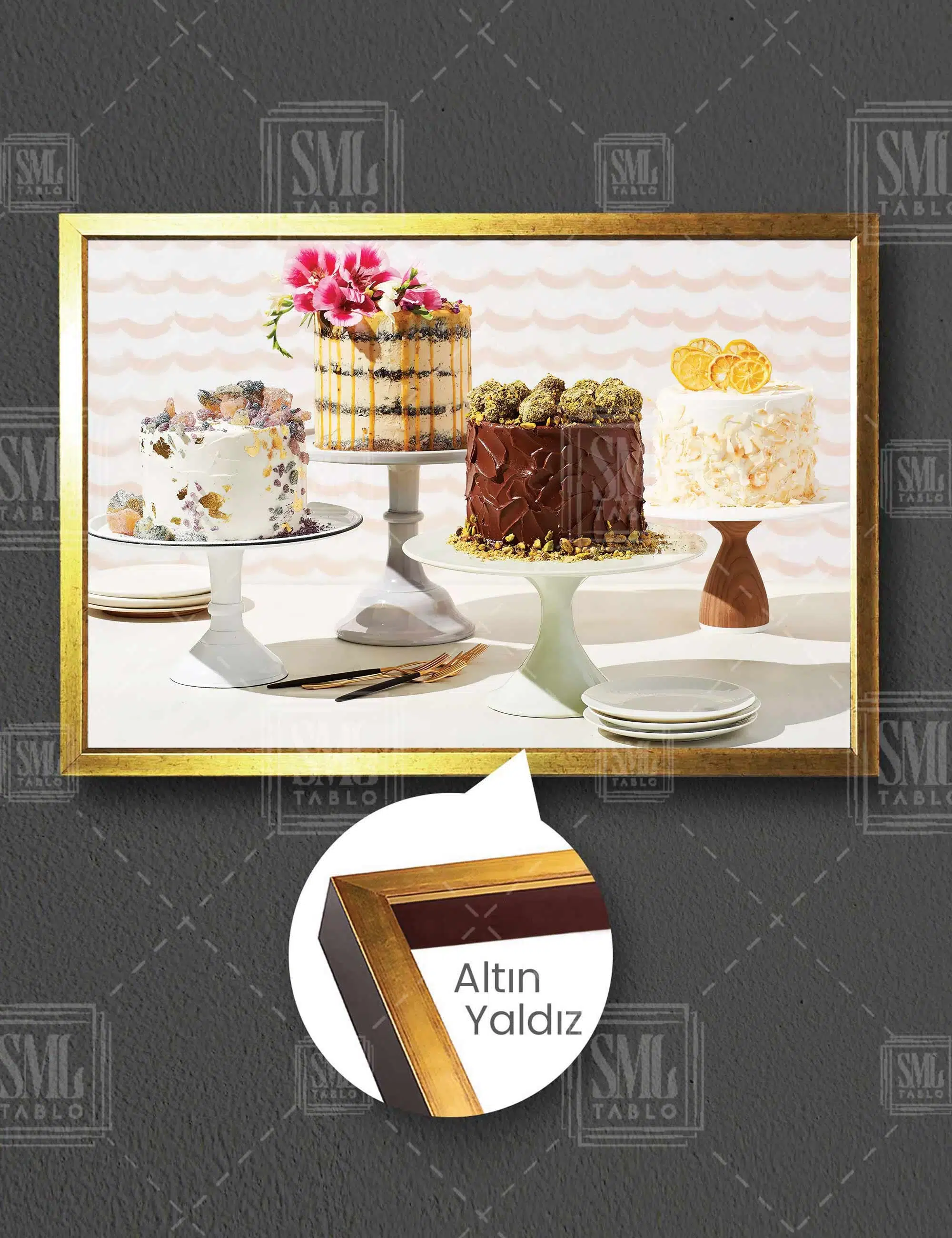 Çikolatalı Ve Meyveli Pasta Çeşitleri Cake Pastane Yatay Çerçeveli Kanvas Tablo