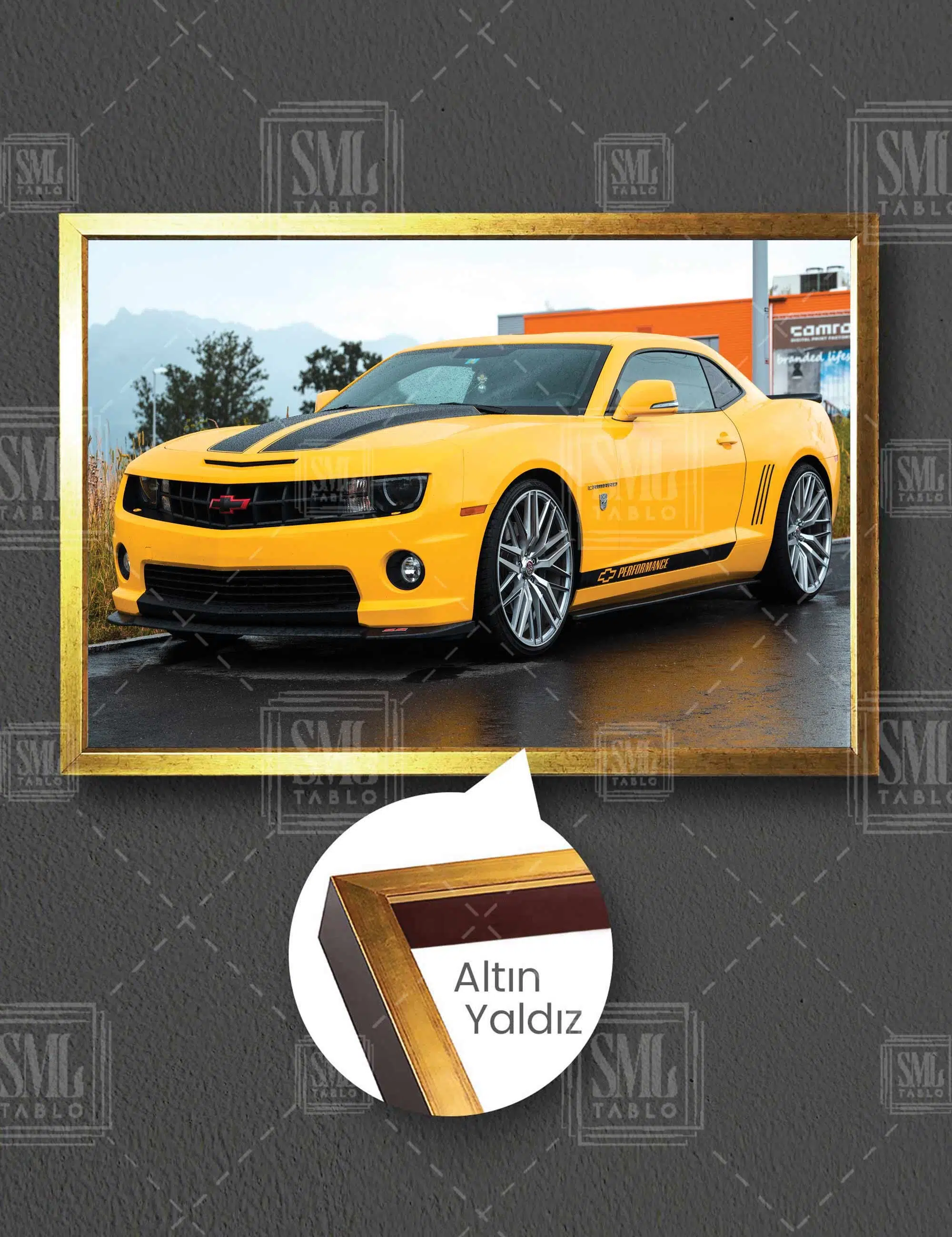 Sarı Spor Araba Chevrolet Camaro Hız Yatay Çerçeveli Kanvas Tablo