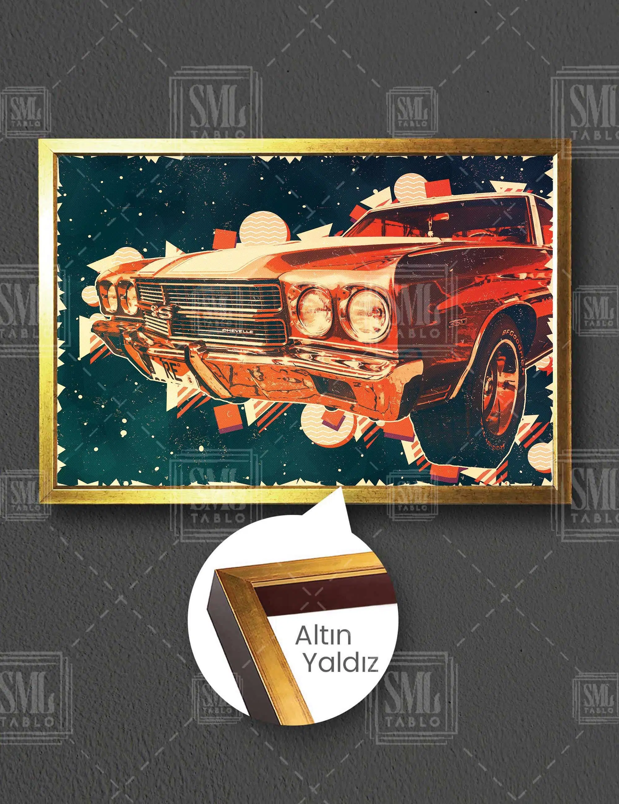 Klasik Kırmızı Araba İlüstrasyon Retro Dekoratif Yatay Çerçeveli Kanvas Tablo