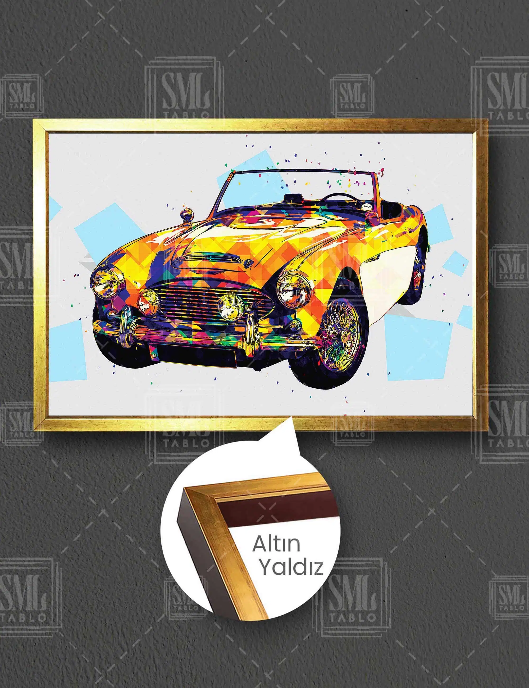 Klasik Sarı Araba İlüstrasyonu Classic Car Yatay Çerçeveli Kanvas Tablo