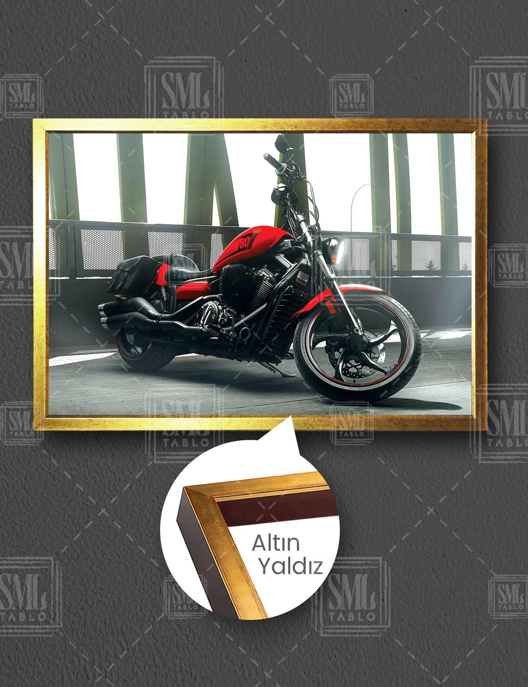 Kırmızı Motorsiklet Chopper Motorcycle Yatay Çerçeveli Kanvas Tablo