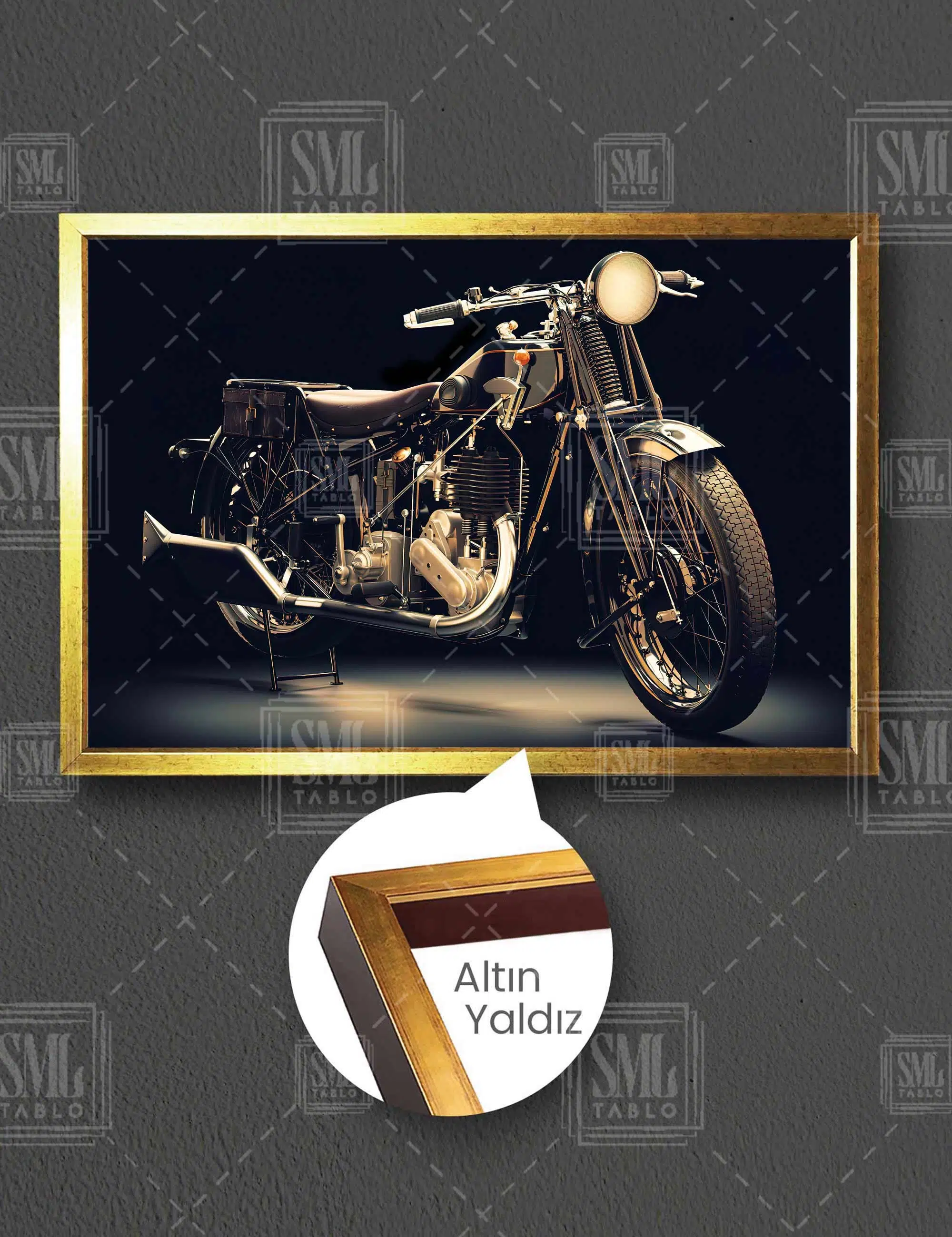 Gold Detaylı Klasik Motorsiklet Motorcycle Yatay Çerçeveli Kanvas Tablo
