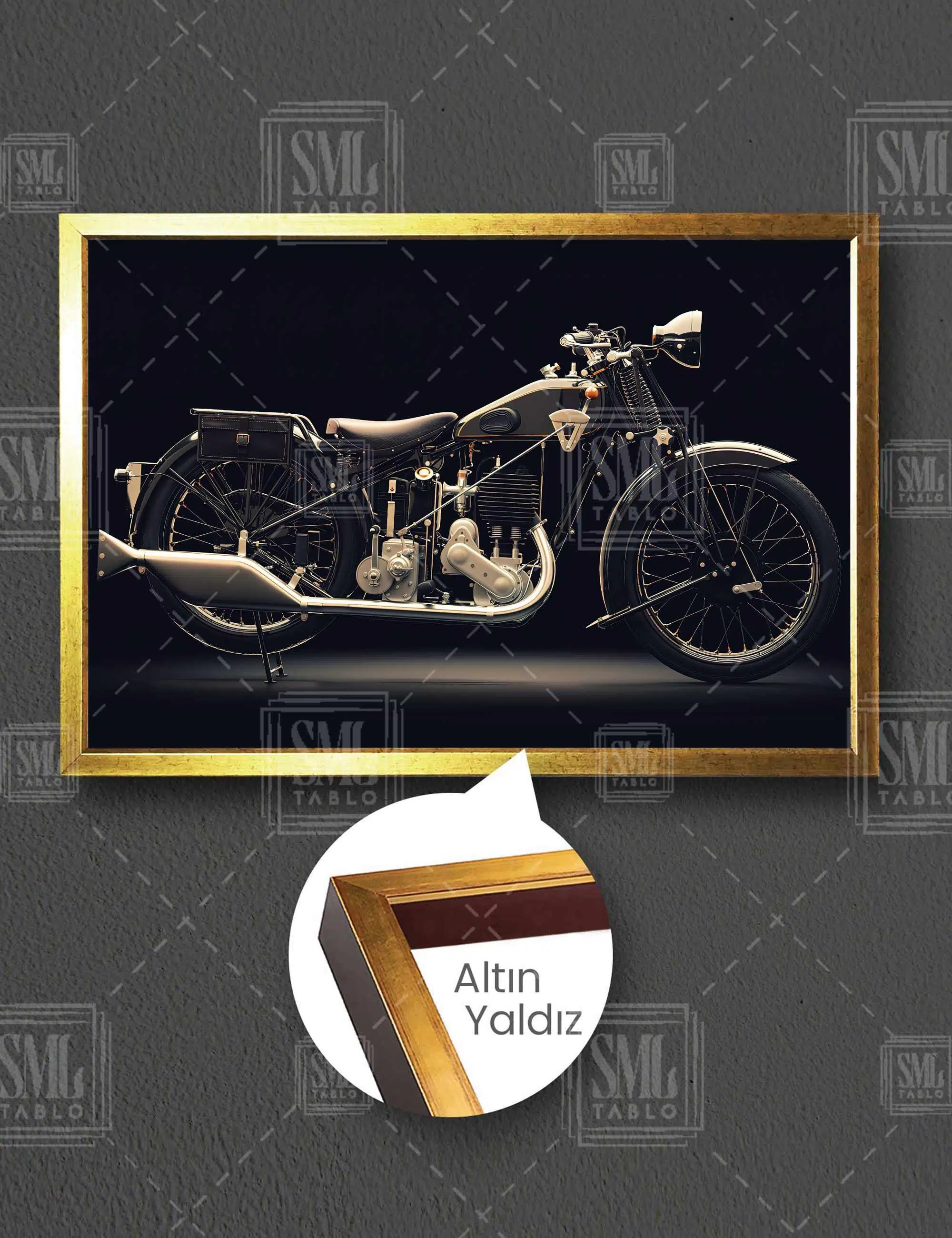 Gold Detaylı Klasik Motorsiklet Motorcycle Yatay Çerçeveli Kanvas Tablo