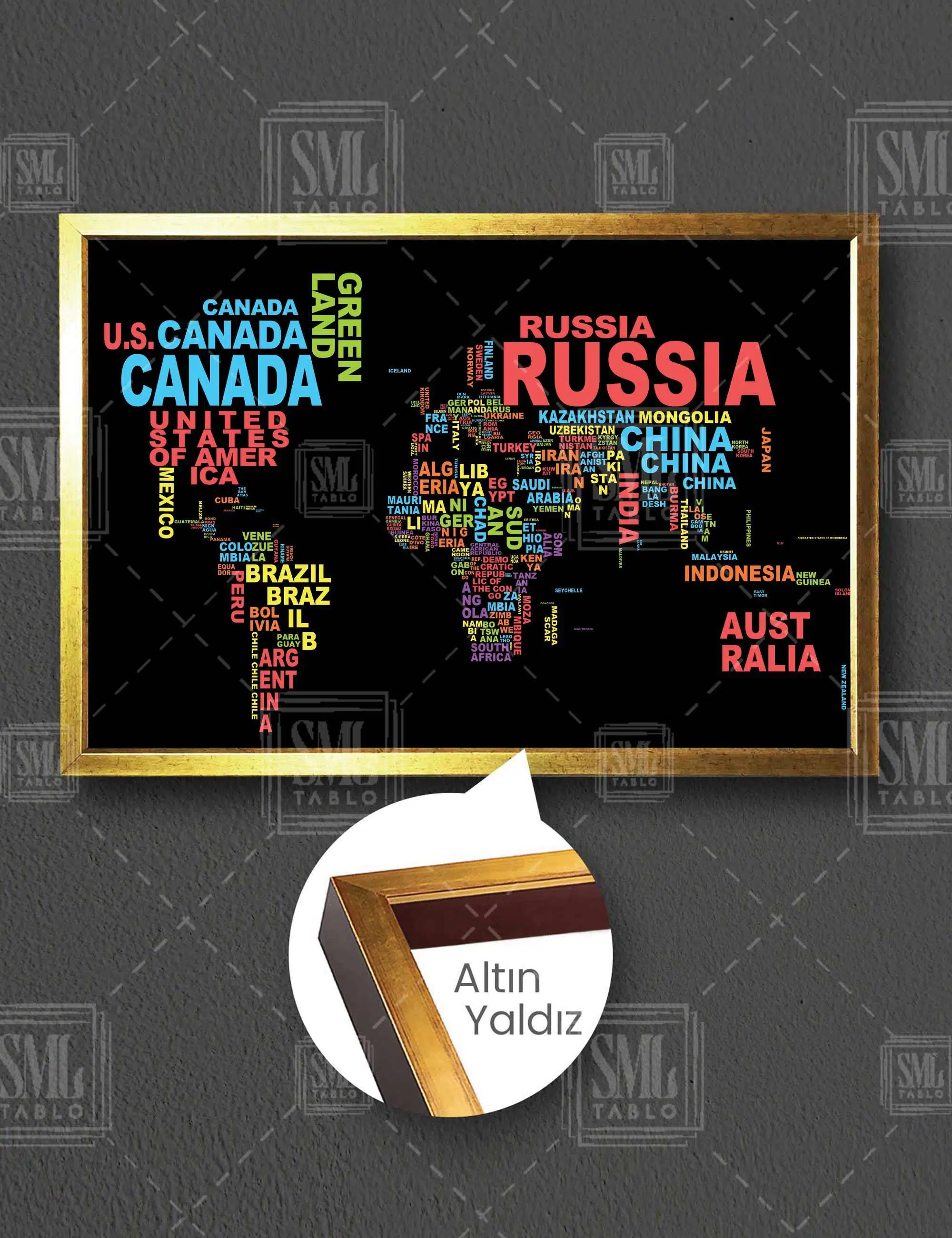 Ülke İsimleri Yazan Dünya Haritası World Map Yatay Çerçeveli Kanvas Tablo