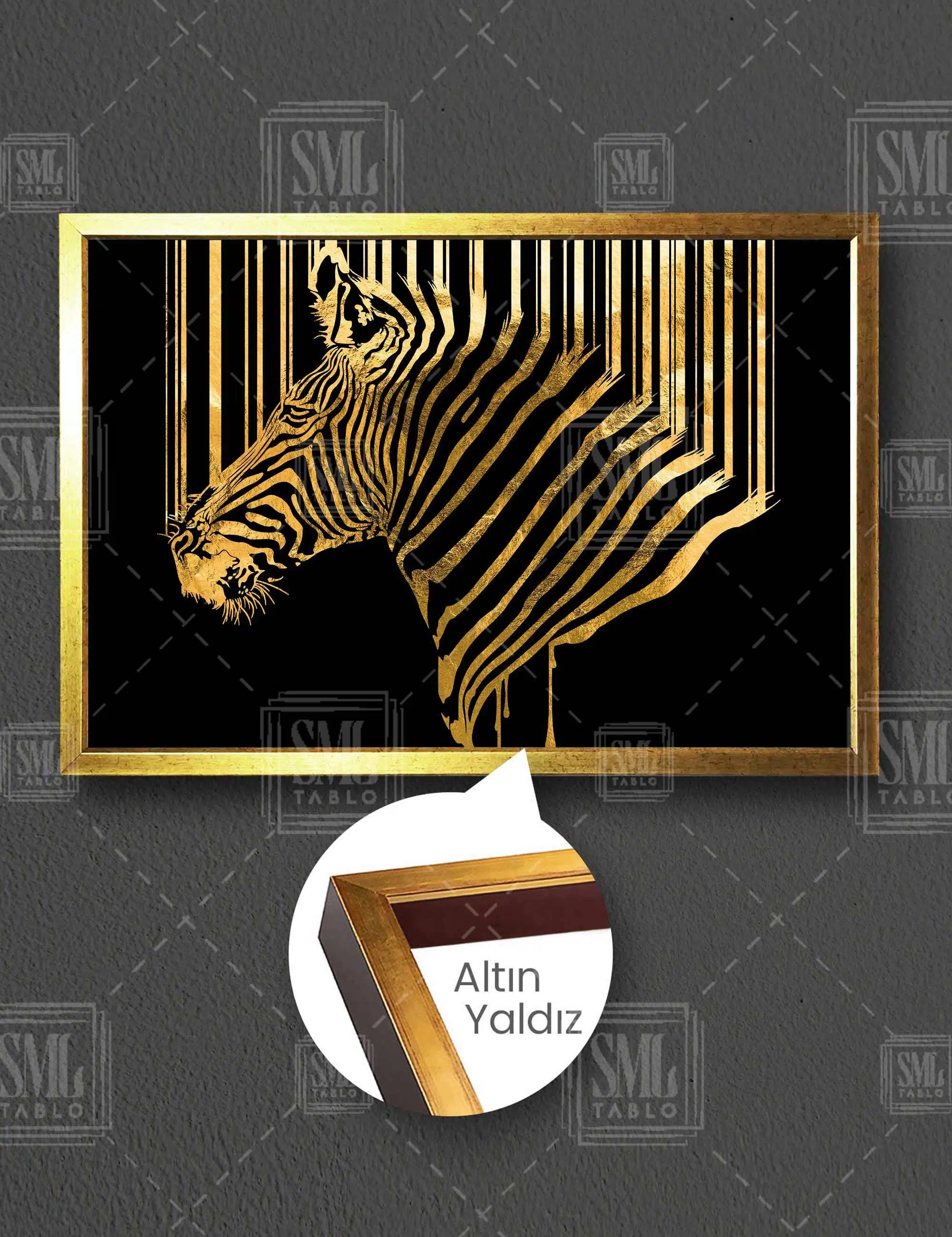 Gold Detaylı Zebra Lüks Dekoratif Hayvan Yatay Çerçeveli Kanvas Tablo