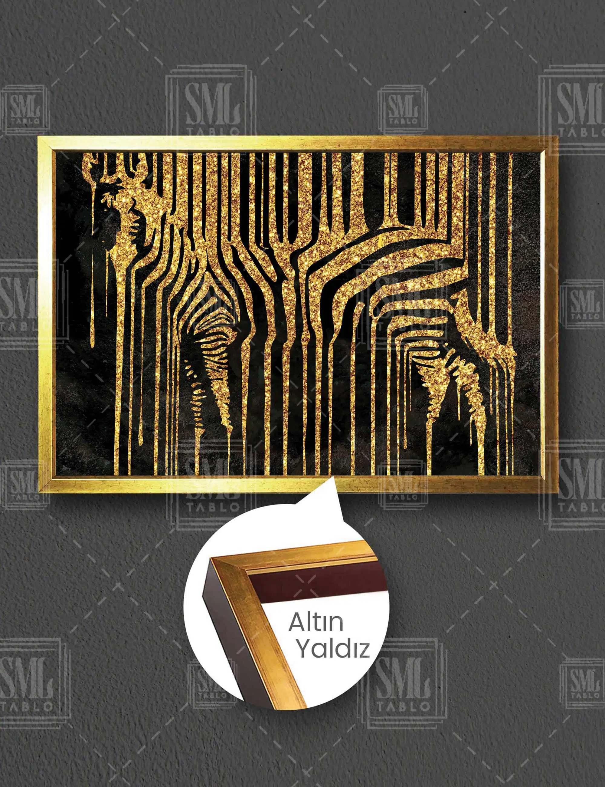 Modern Gold Detaylı Zebra Lüks Dekoratif Hayvan Yatay Çerçeveli Kanvas Tablo