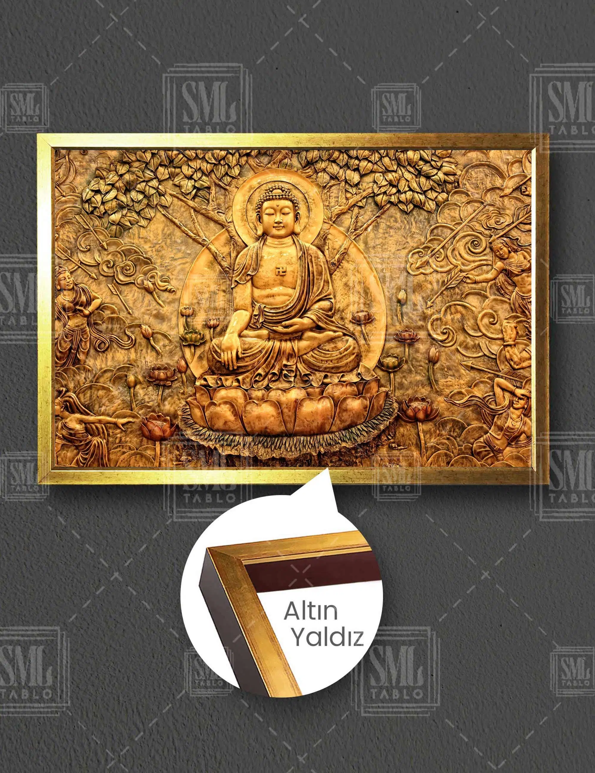 Gold Buda Heykeli Meditasyon Yoga Yaşam Ağacı Yatay Çerçeveli Kanvas Tablo