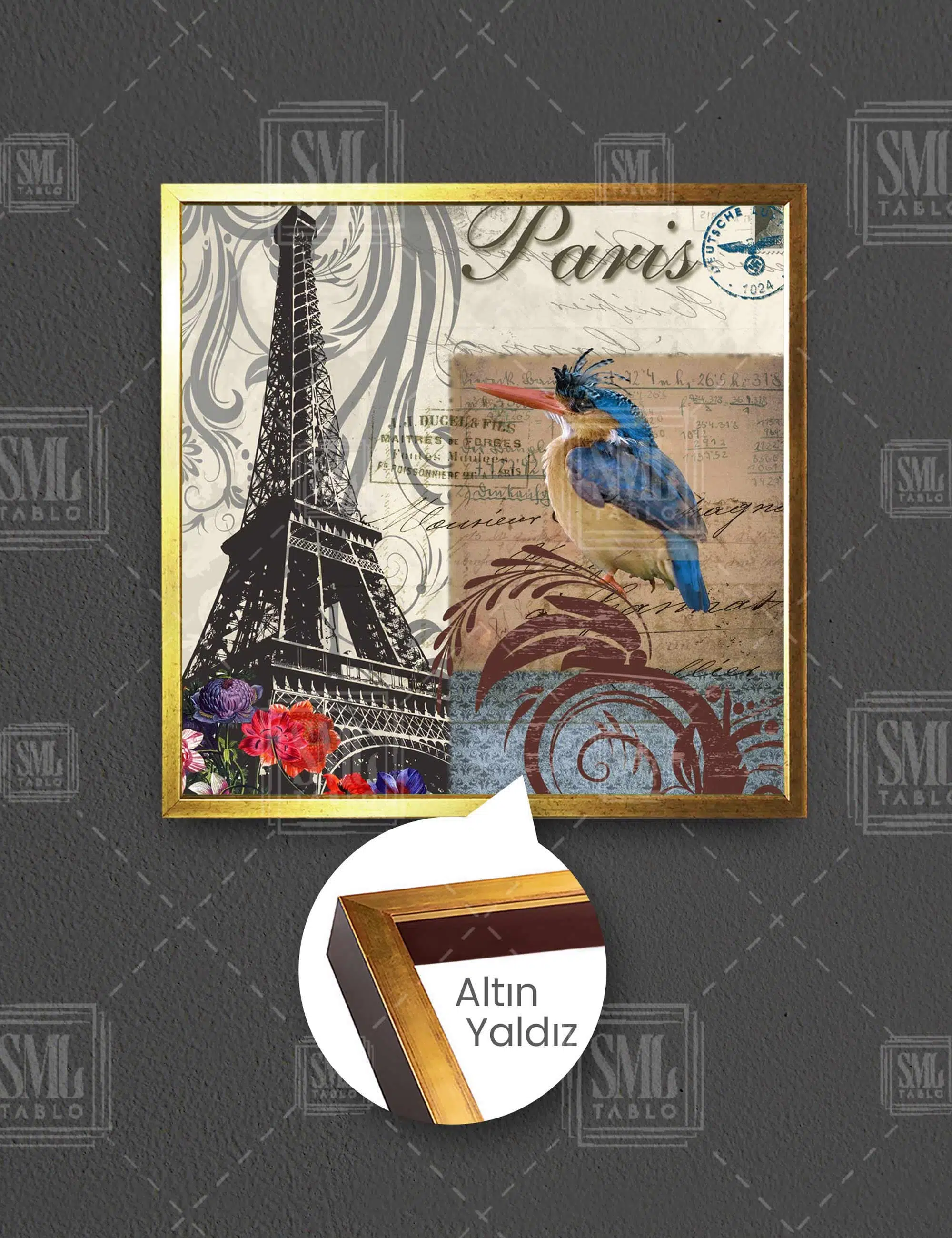 Paris Eyfel Kulesi Dekoratif Şehir City Manzara Kuş Kartpostal Tatil Kare Çerçeveli Kanvas Tablo