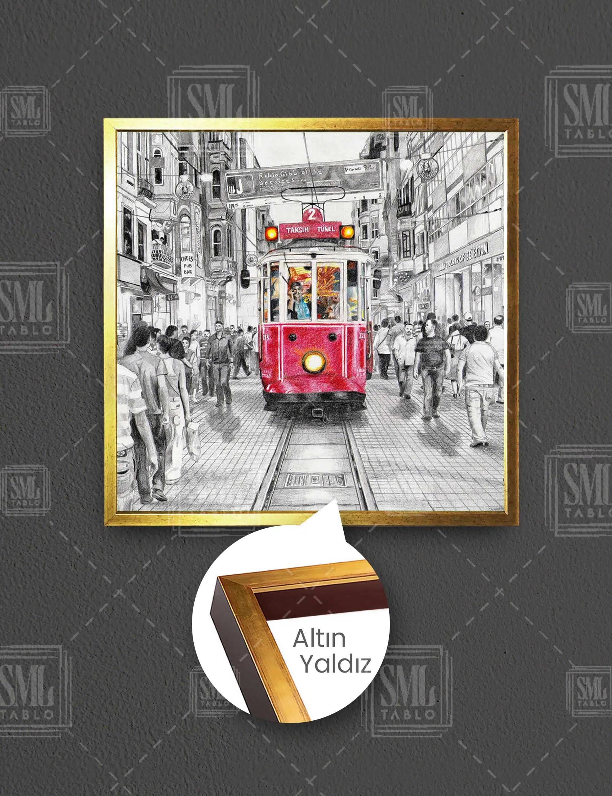 Taksim Kırmızı Tranvay Nostalji İstanbul Kare Çerçeveli Kanvas Tablo