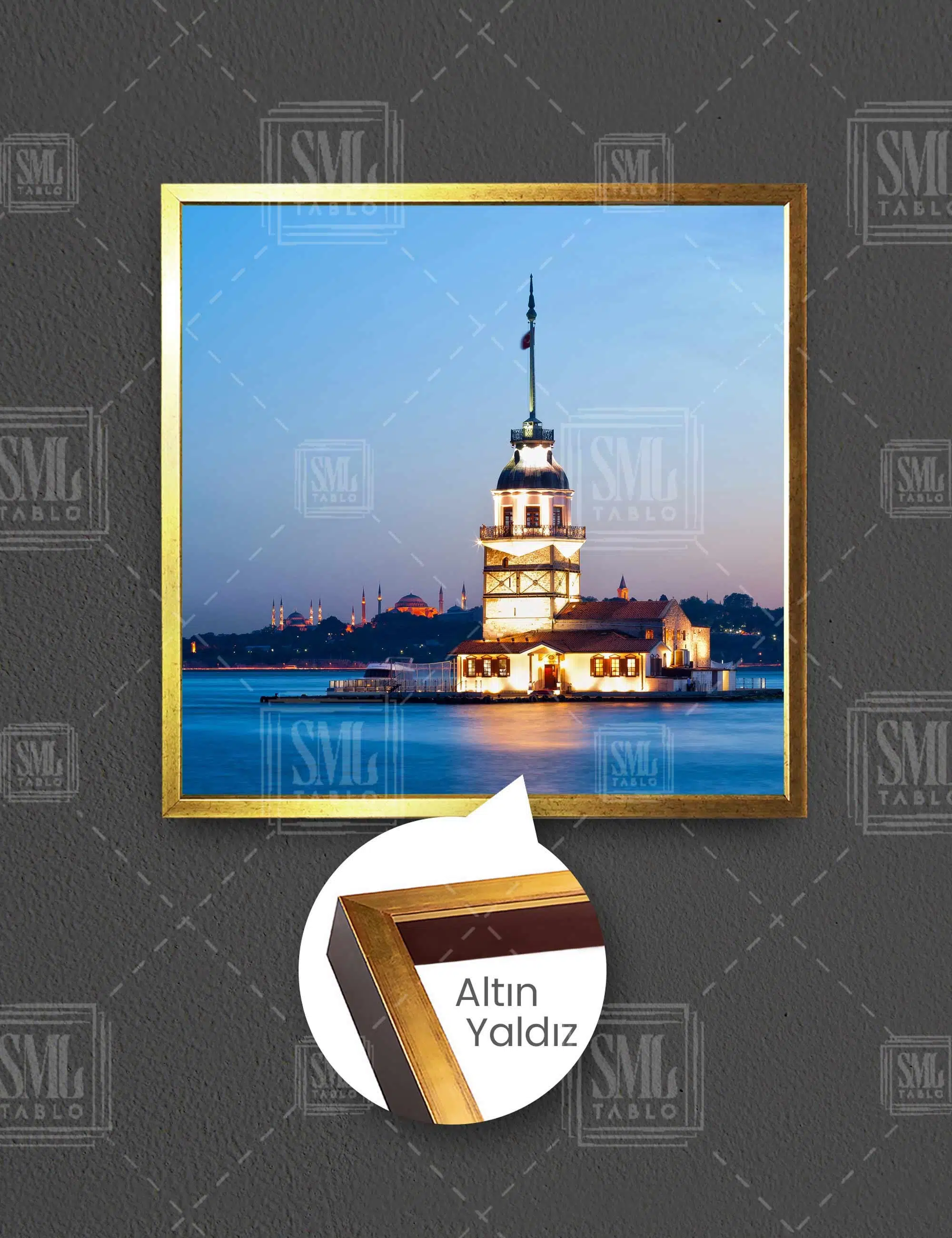 Kız Kulesi Gece Işık Manzaralı İstanbul Manzara Kare Çerçeveli Kanvas Tablo