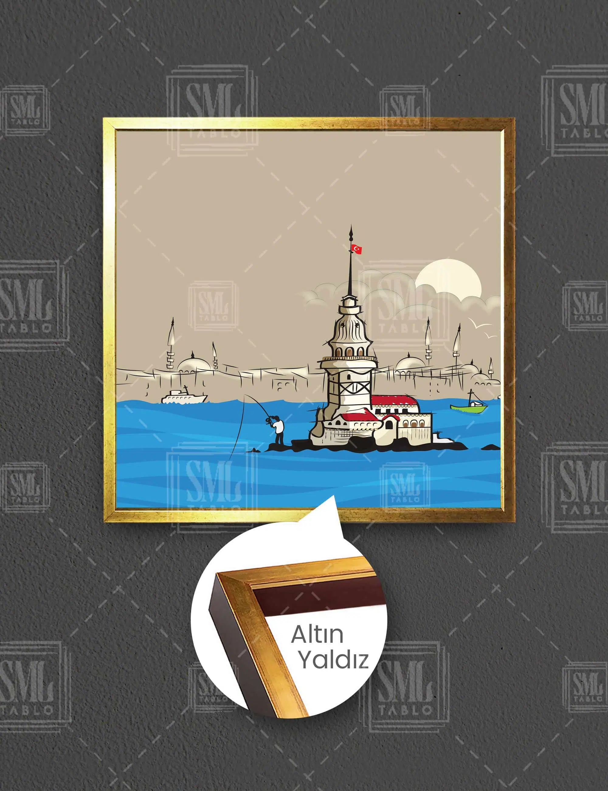Sanatsal Çizim Kız Kulesi İstanbul Balık Tutan Adam Kare Çerçeveli Kanvas Tablo