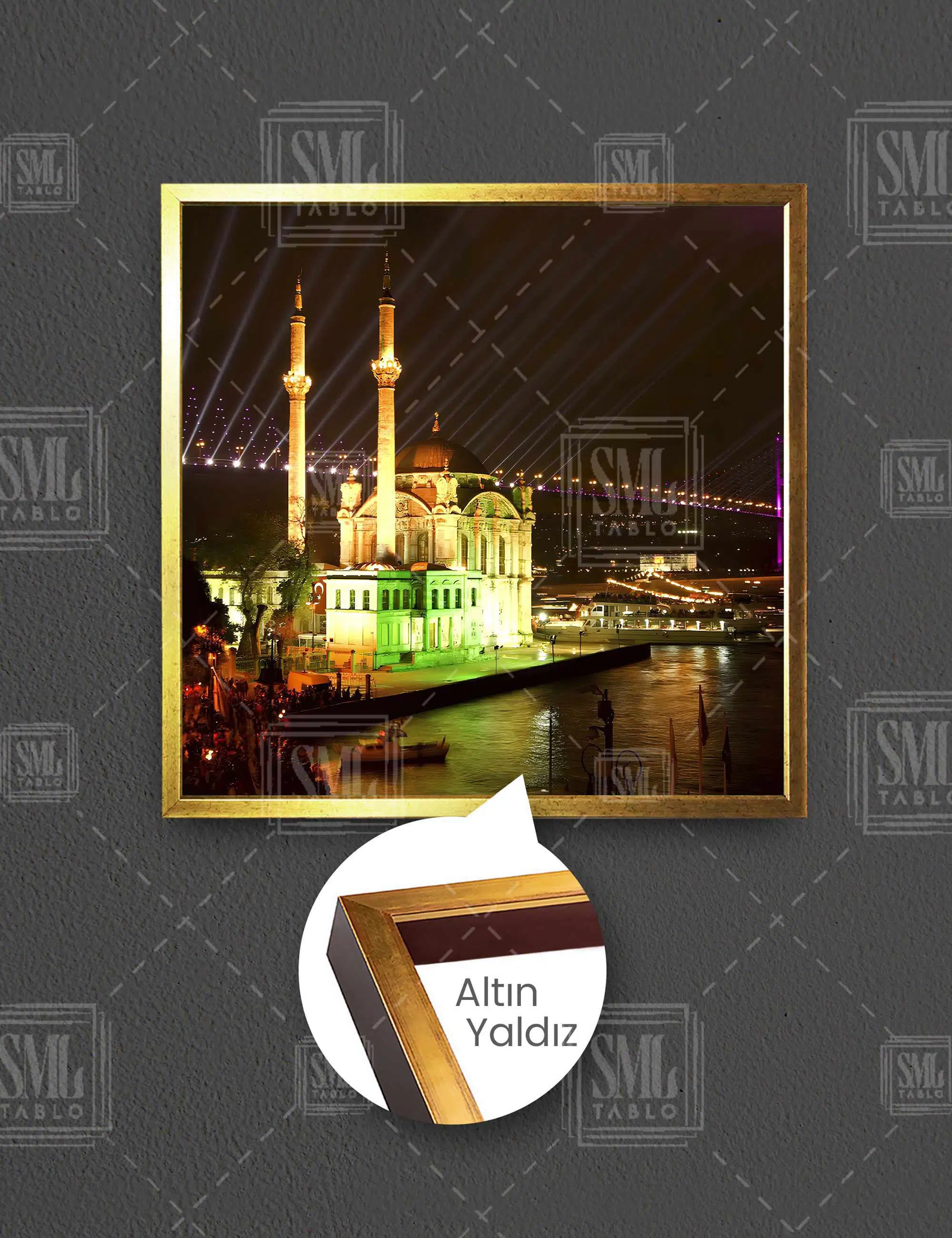 İstanbul Boğaz Köprüsü Işıklar Manzara Camii Kare Çerçeveli Kanvas Tablo