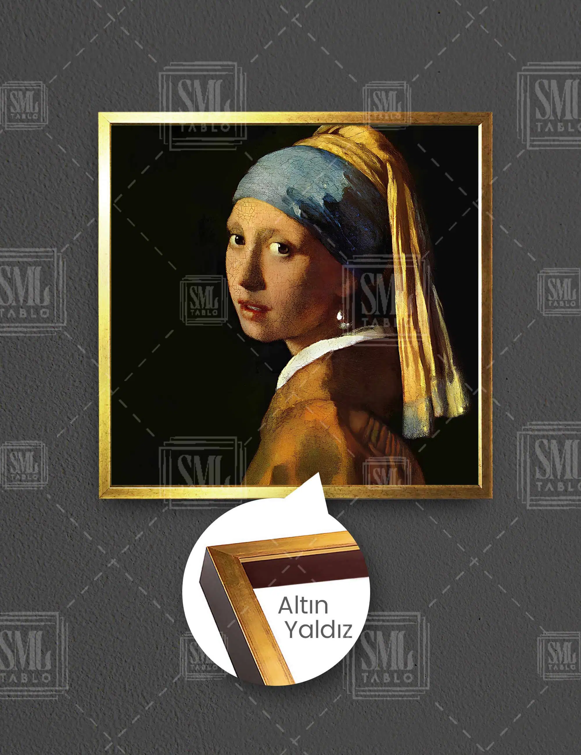 Johannes Vermeer İnci Küpeli Kız Eseri Başyapıt Yağlı Boya Efekt Kare Çerçeveli Kanvas Tablo