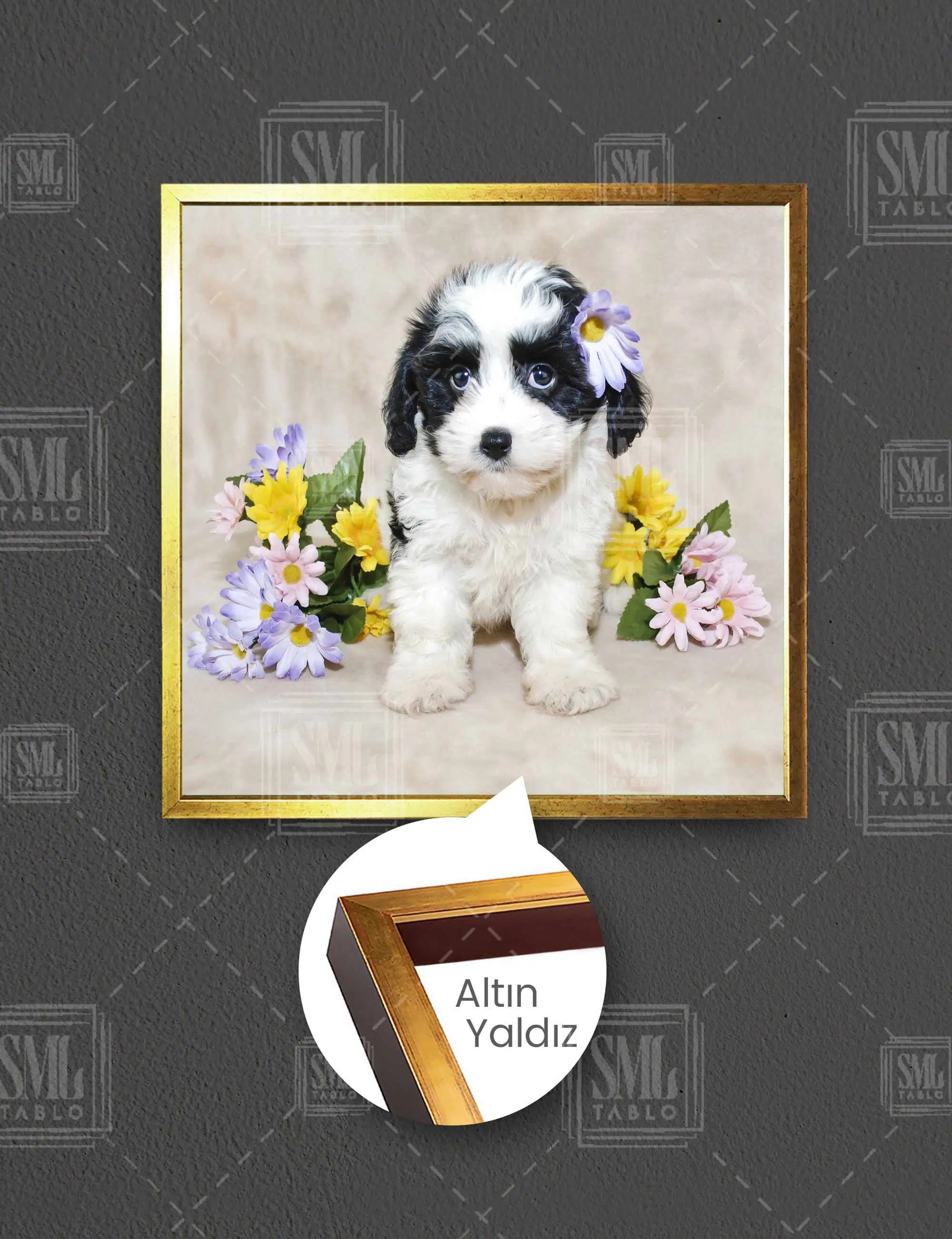 Yavru Köpek Çiçek Fotoğrafçı Yakın Çekim Masum Kare Çerçeveli Kanvas Tablo