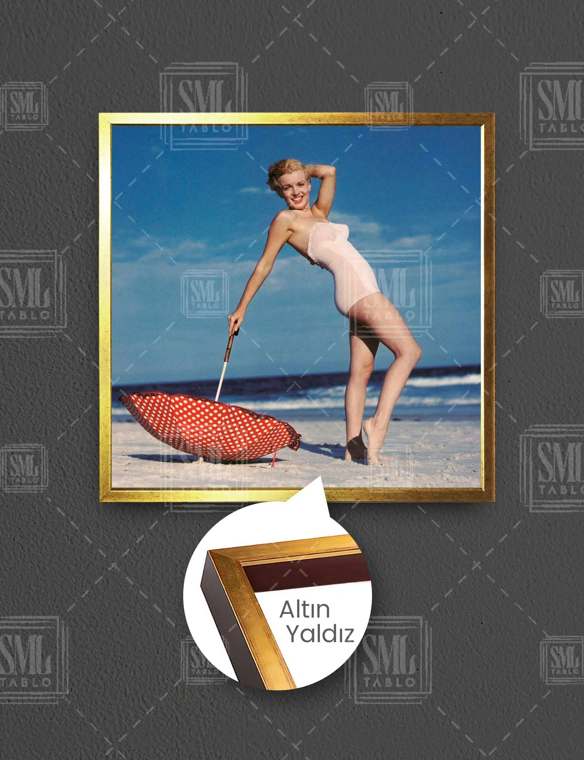 Kırmızı Şemsiyeli Marilyn Monroe Sahil Tatil Kumsal Kadın Modern Kare Çerçeveli Kanvas Tablo