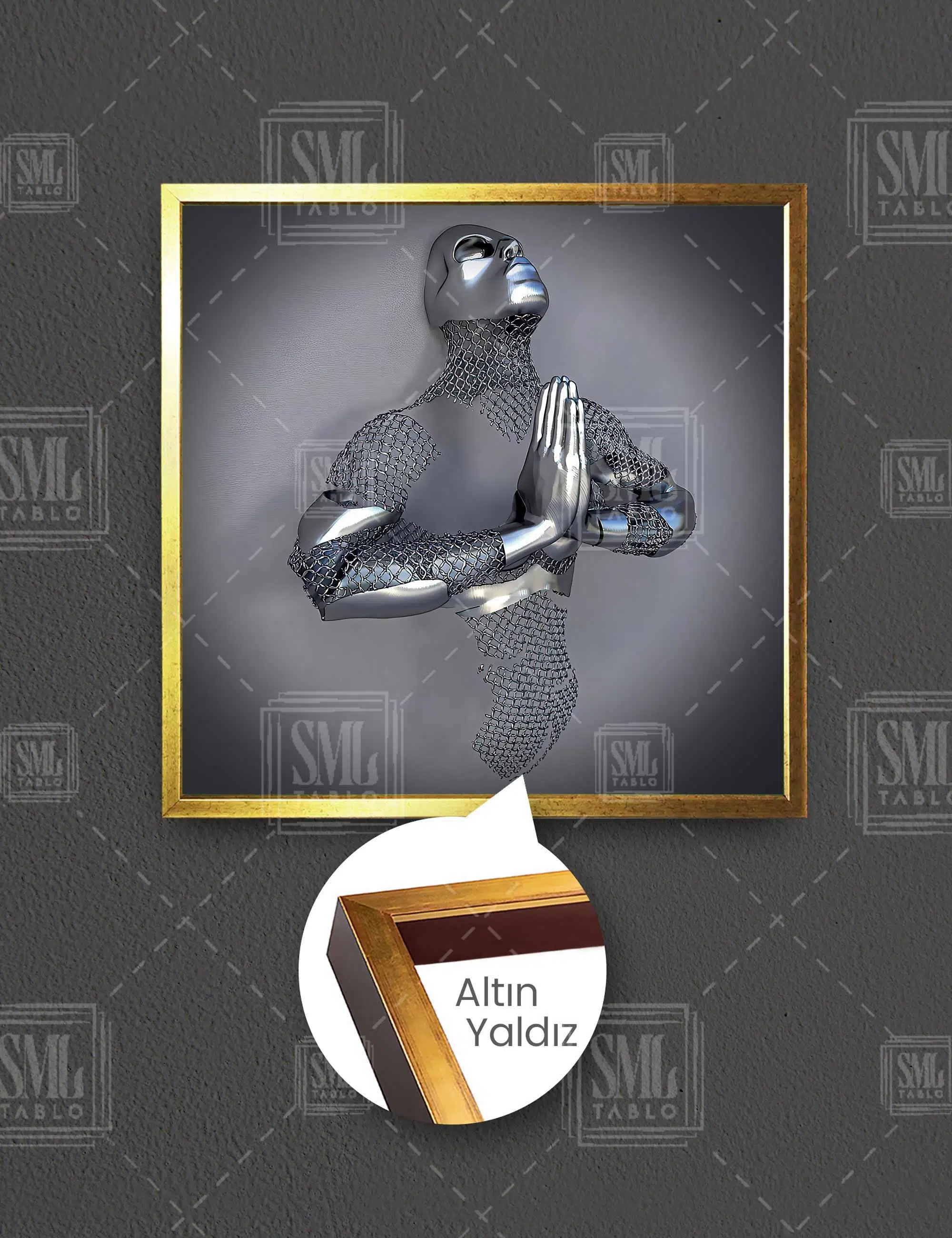 3D Dua Eden Metal Adam Kabartma Zincir Kare Çerçeveli Kanvas Tablo