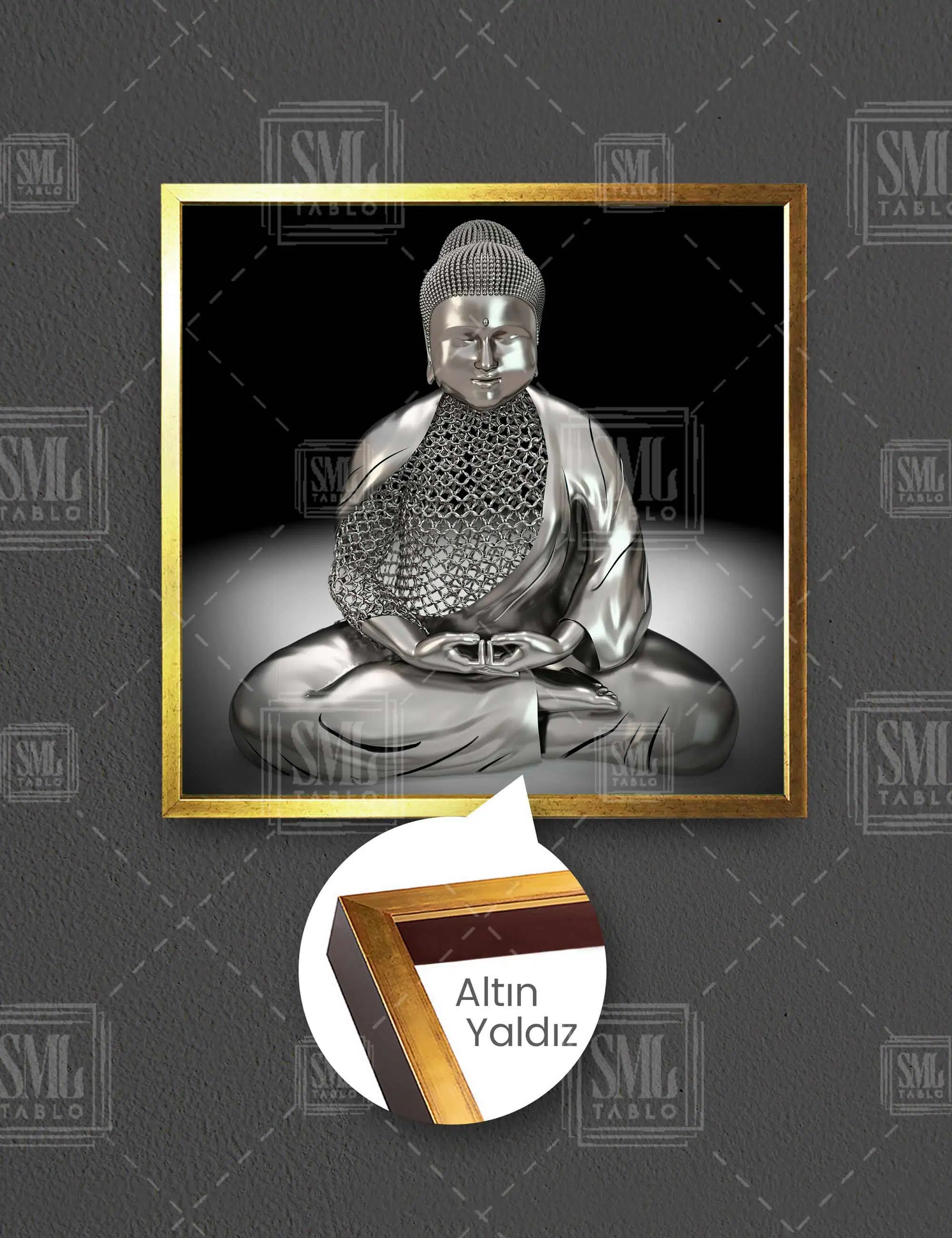 3D Görünmlü Metal Buda Heykel Budizm Dua Keşiş Meditasyon Kare Çerçeveli Kanvas Tablo