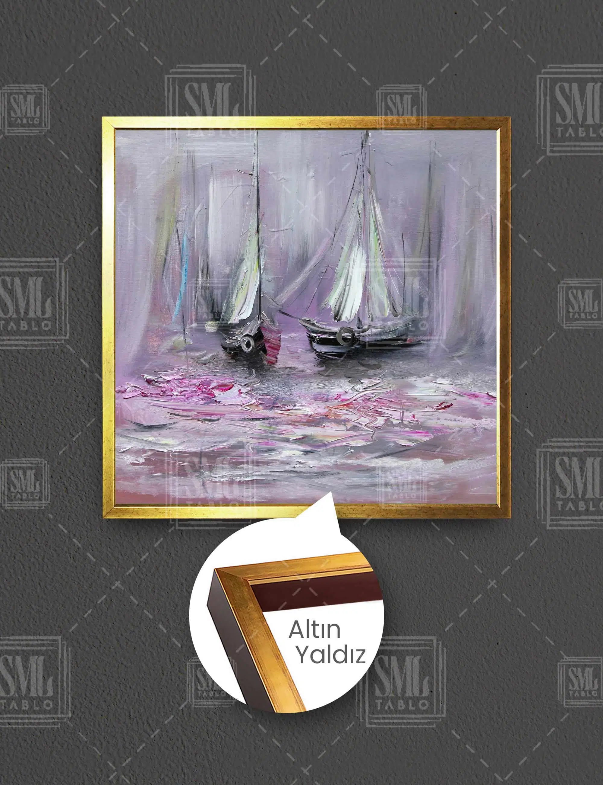 Yağlı Boya Efektli Soyut Gemiler Pembe Pastel Ton Sanat Kare Çerçeveli Kanvas Tablo