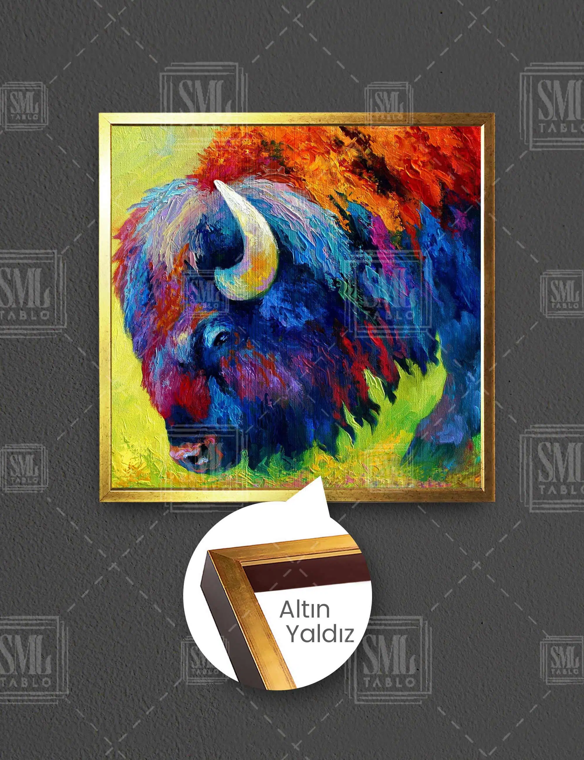 Yağlı Boya Efektli Bufalo Renkli Sanat Art Dekor Kare Çerçeveli Kanvas Tablo