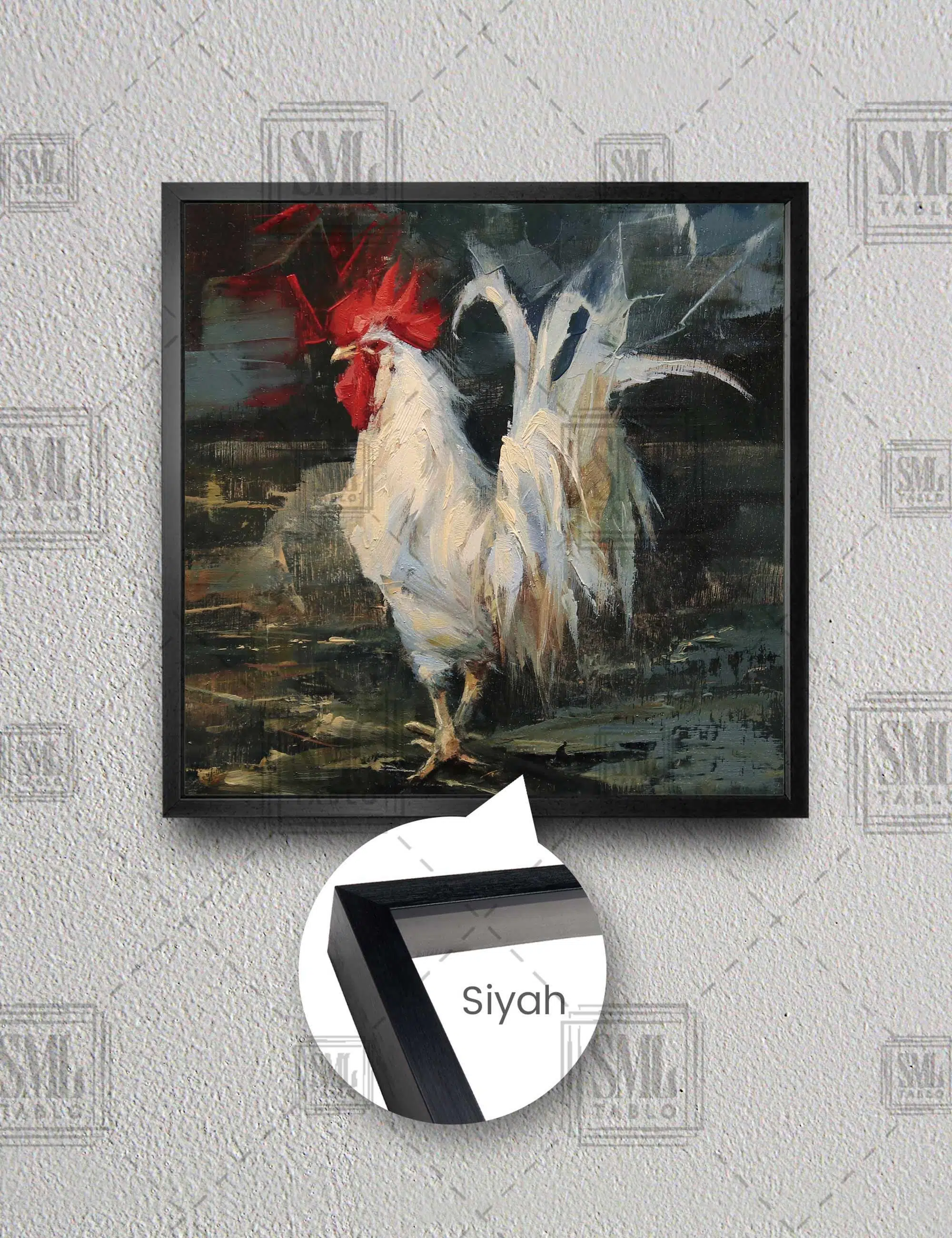 Yağlı Boya Efektli Beyaz Horoz Art Hayvan Kare Çerçeveli Kanvas Tablo - Siyah