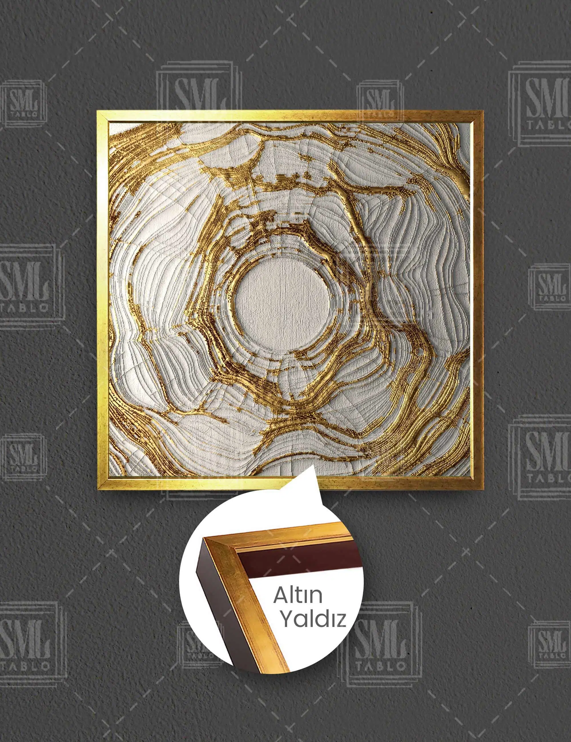 Soyut Sanat Altın Gold Dekoratif Abstract Modern Beyaz Kare Çerçeveli Kanvas Tablo